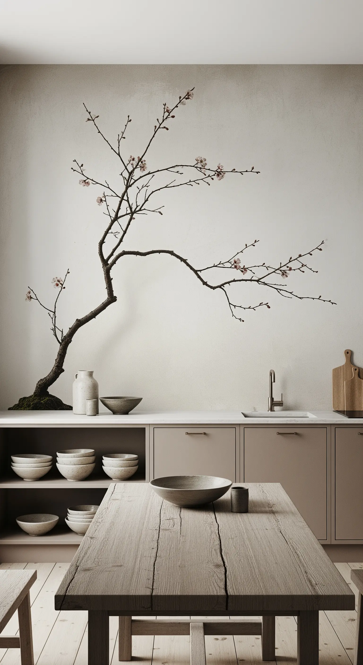 Cucina minimalista con carta da parati a ramo di ciliegio e tavolo in legno grezzo.