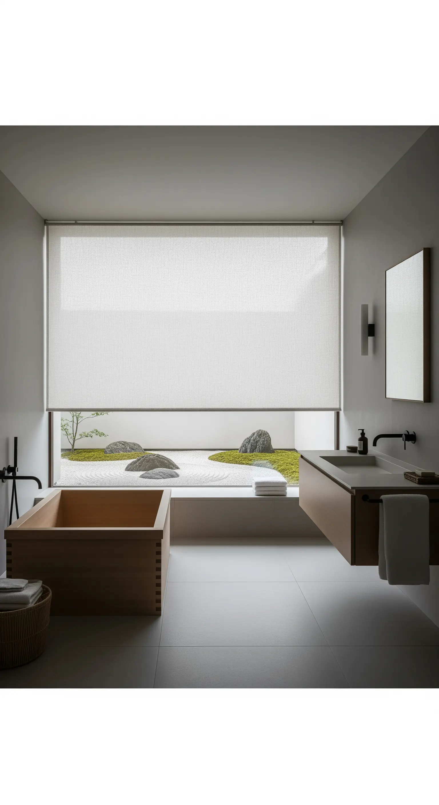 Bagno minimalista con vasca in legno e finestra affacciata su un giardino zen.