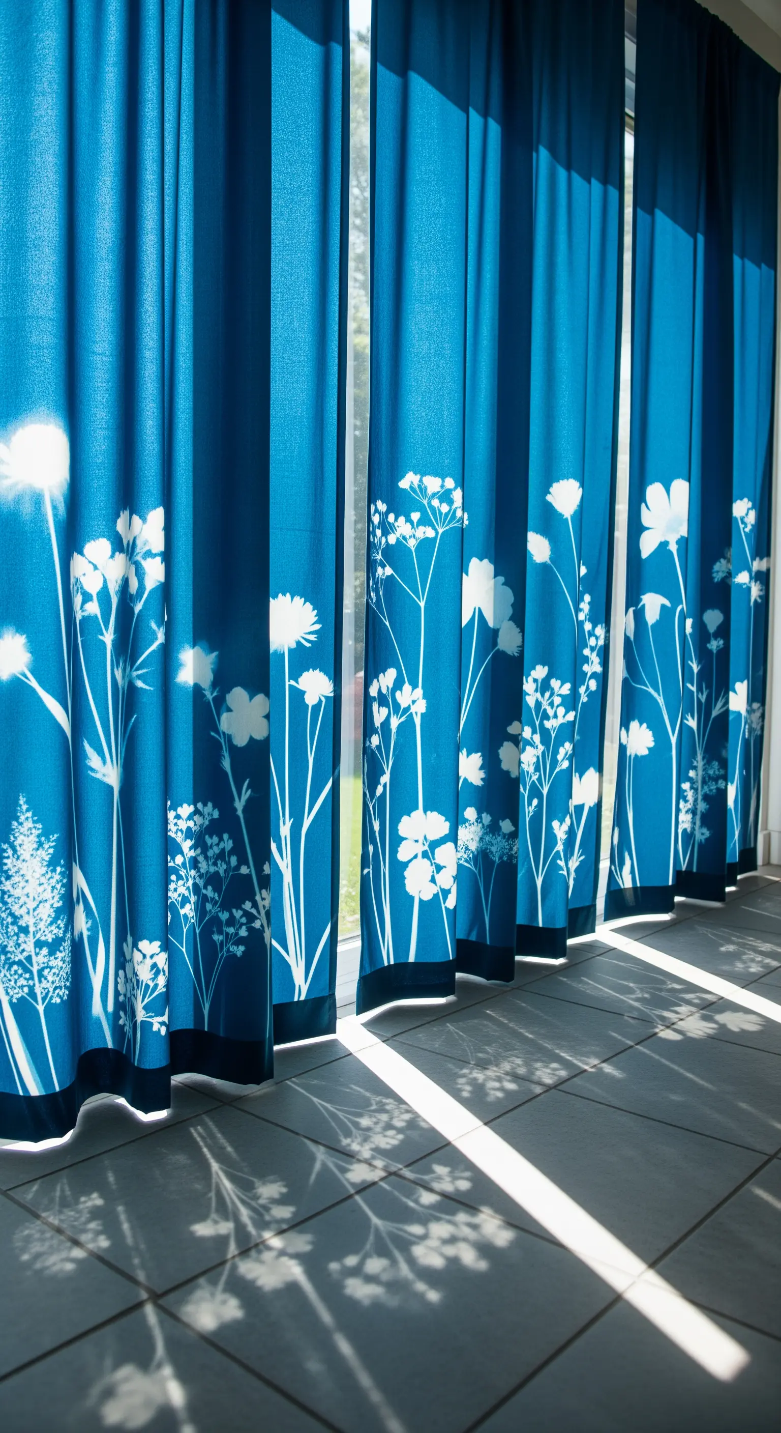 Tende blu intenso con silhouette bianche di fiori di campo create con la luce del sole.
