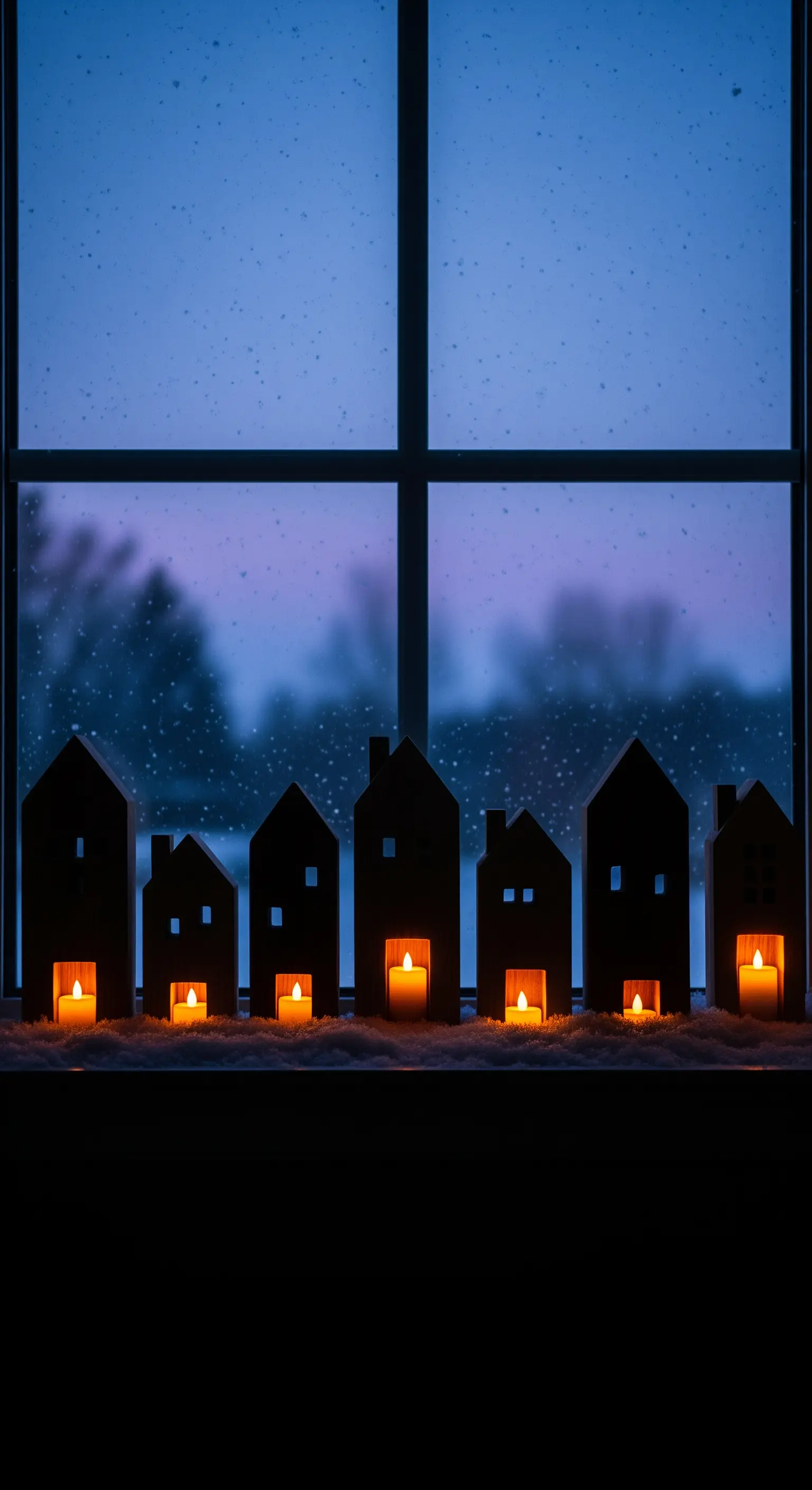 Silhouette di casette portacandele allineate sul davanzale di una finestra al crepuscolo.