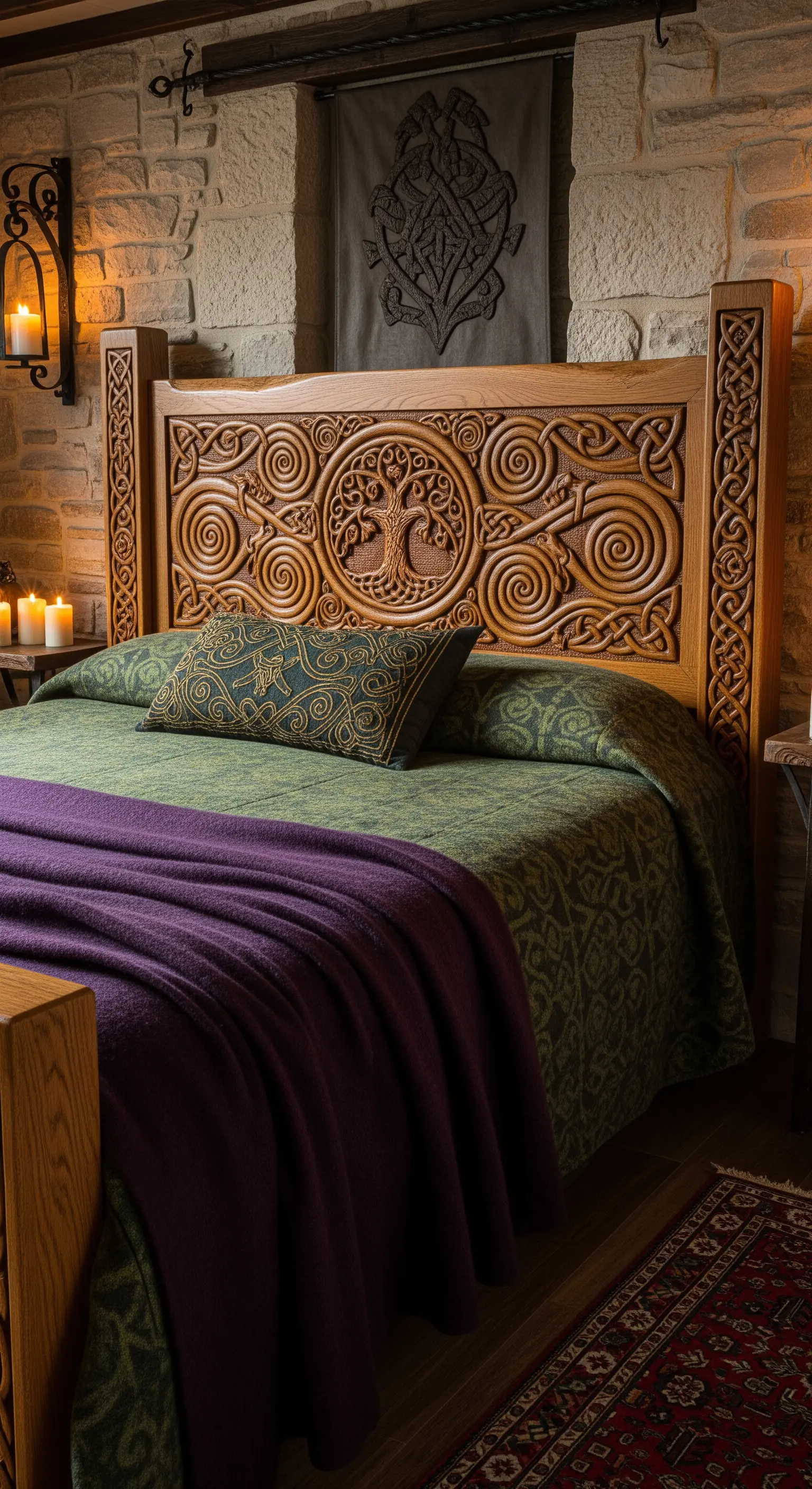 Testiera in legno massiccio con intricati intagli celtici, incluso l'Albero della Vita.
