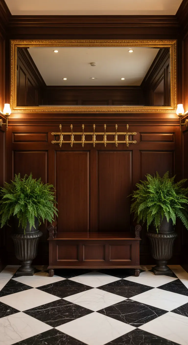 Panca in legno scuro e appendiabiti in ottone in un ingresso con boiserie e pavimento a scacchi.