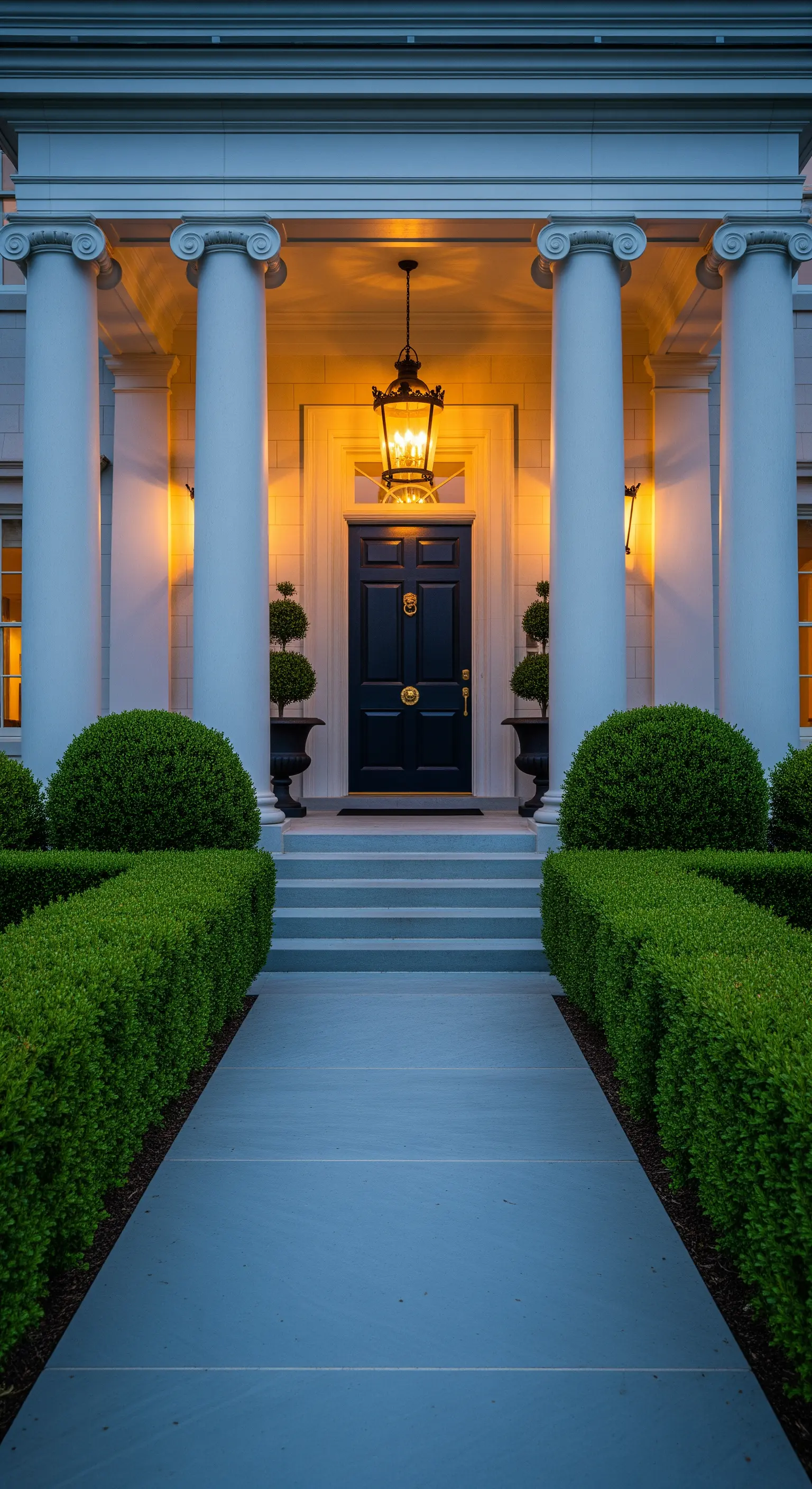 Ingresso neoclassico con colonne bianche, porta blu scuro e siepi di bosso perfettamente potate.