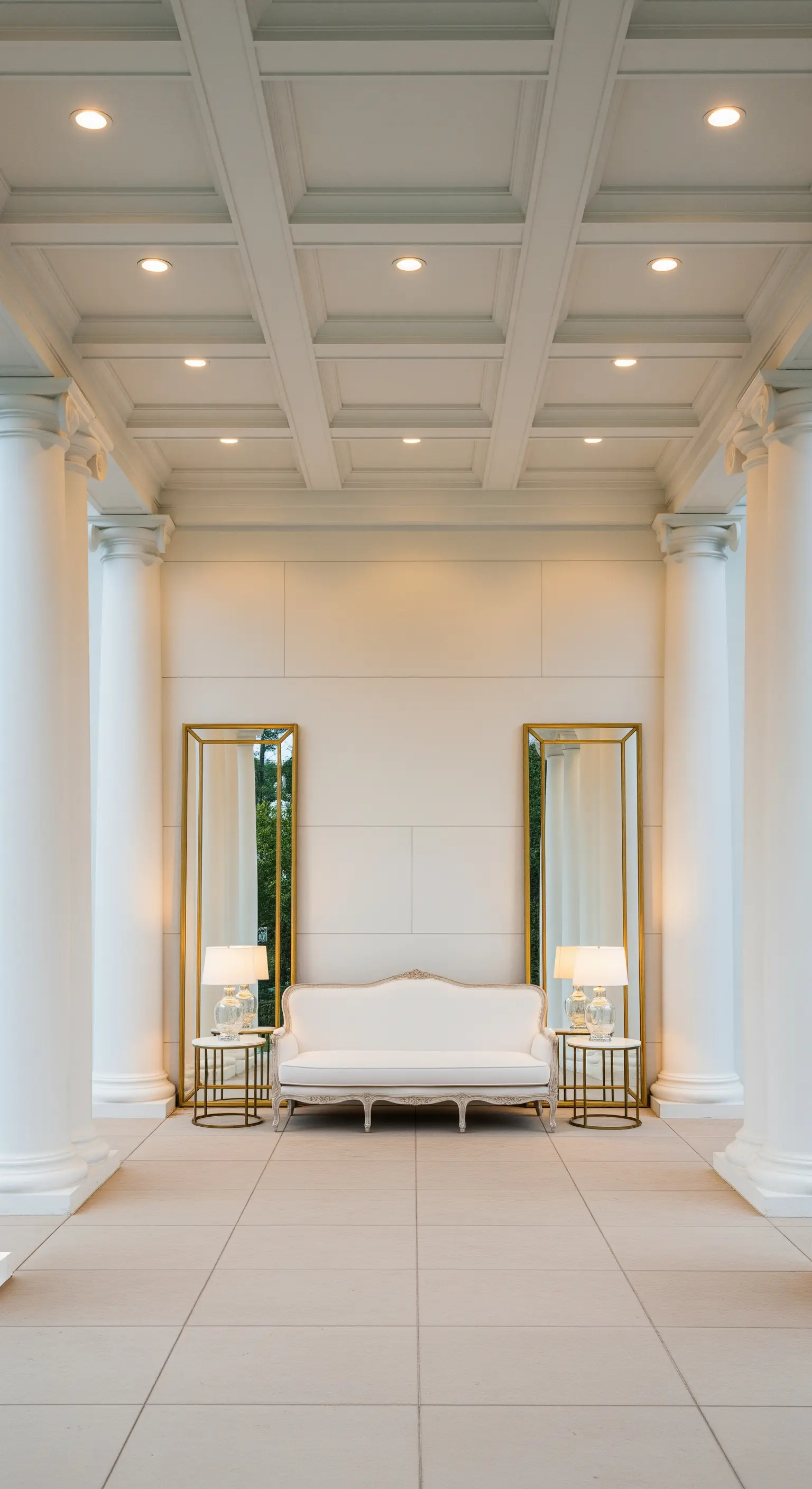 Portico classico con colonne, divano bianco e due specchi alti e dorati disposti simmetricamente.