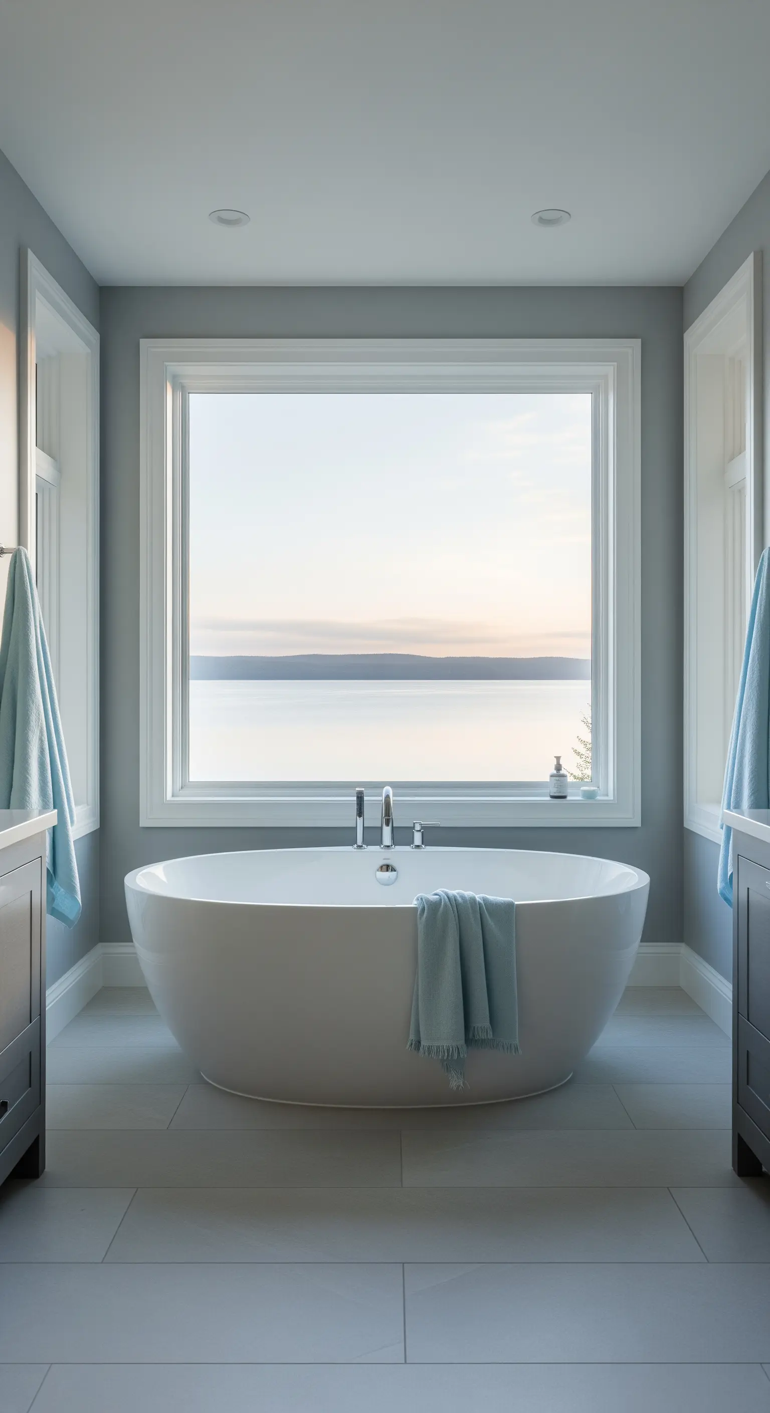 Bagno simmetrico con vasca freestanding al centro di una finestra panoramica e due lavabi ai lati.