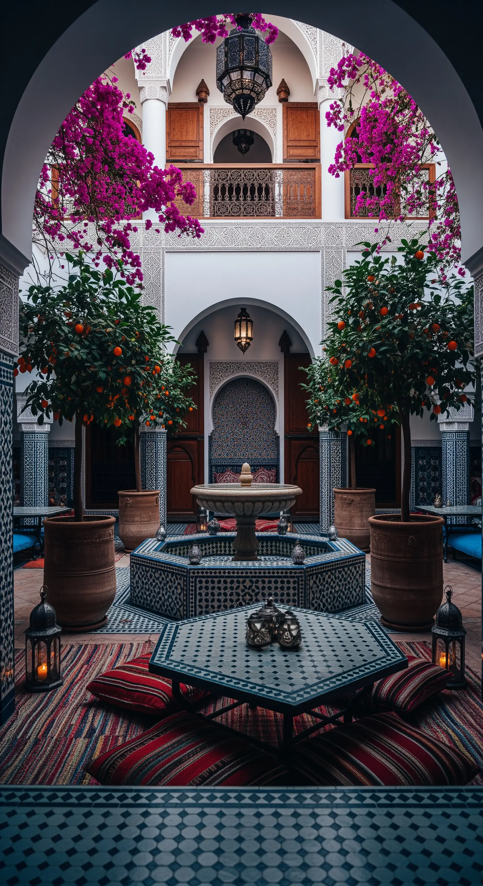 Cortile di un riad con fontana, agrumi in vaso, bouganville e tavolo basso in mosaico.