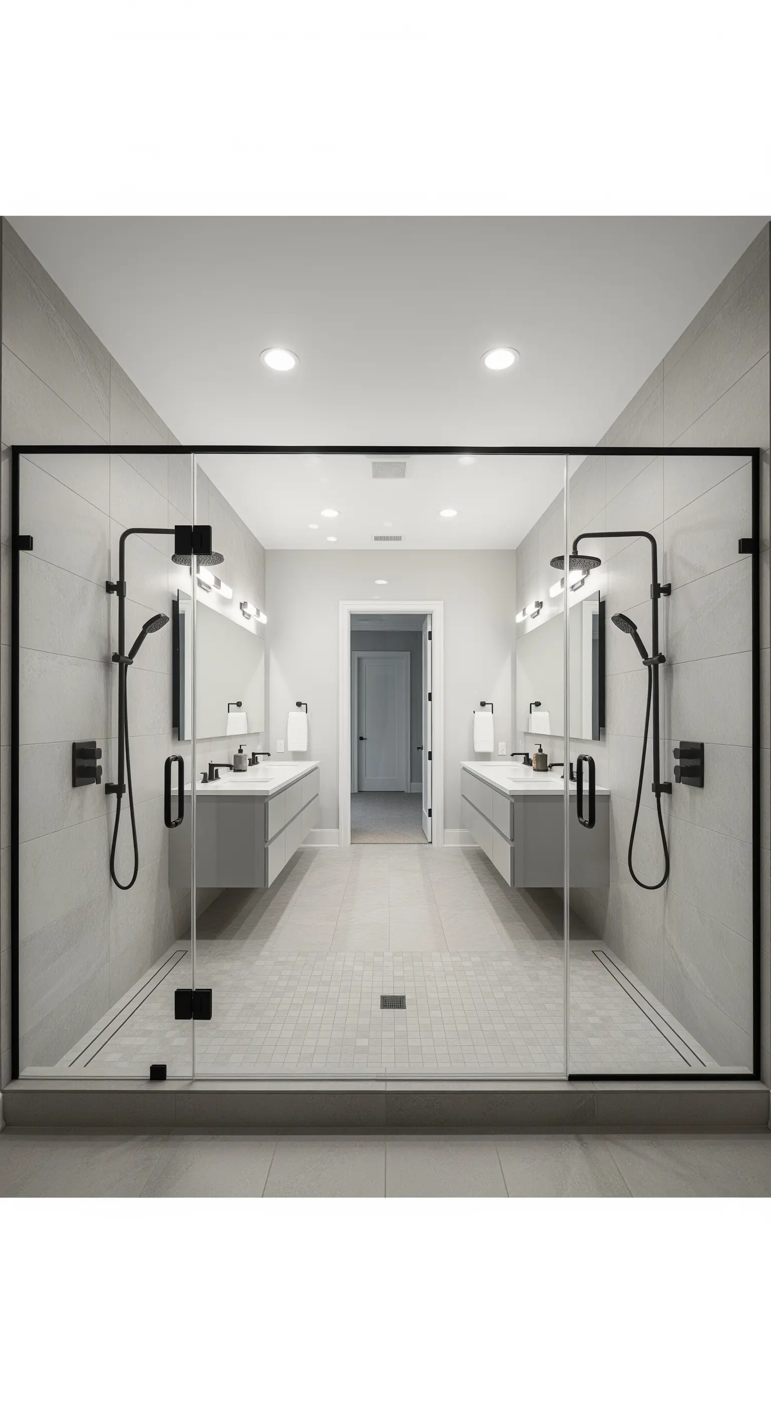 Ampia doccia doppia con due soffioni neri e pareti in vetro simmetriche.