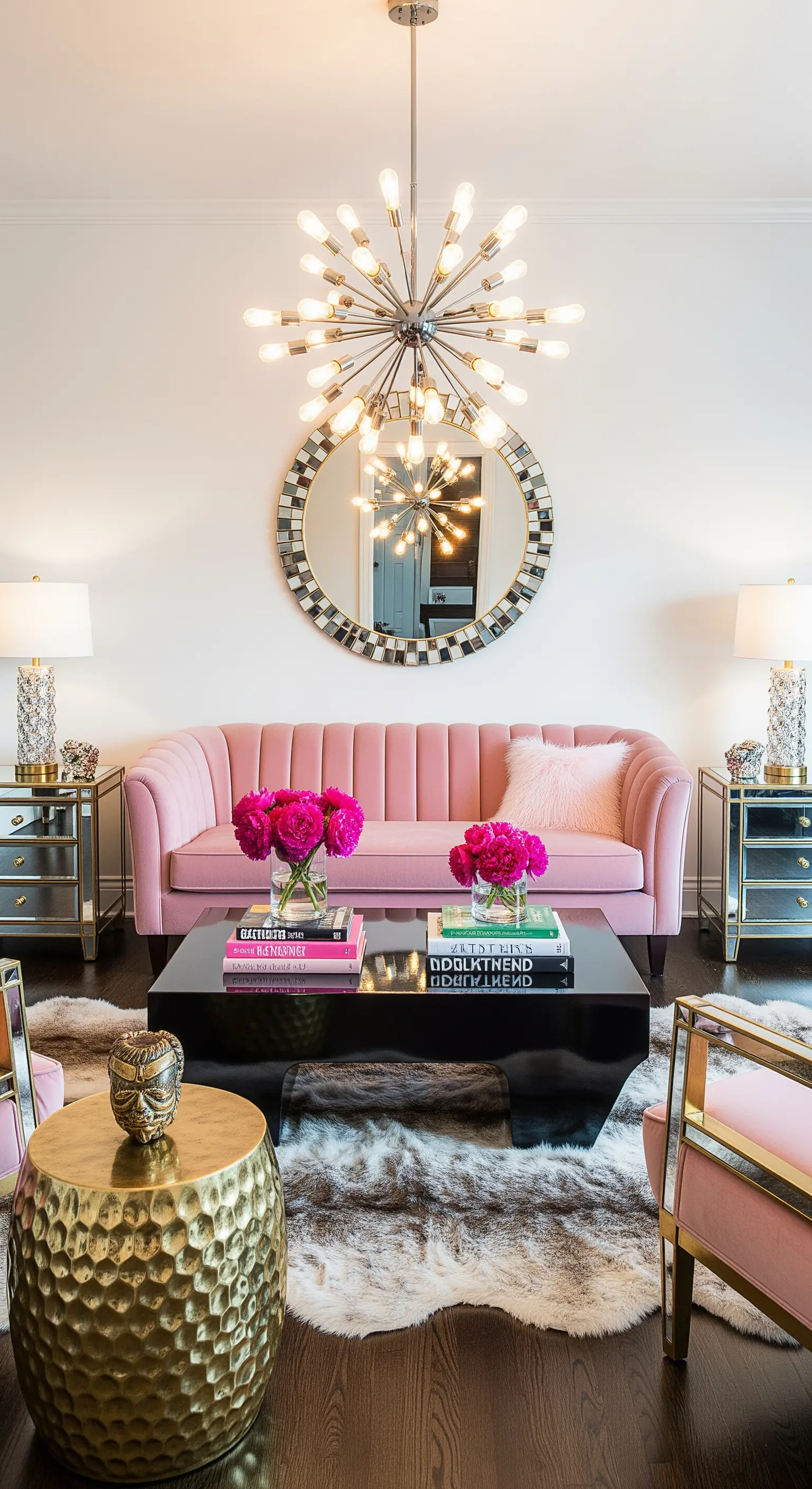 Salotto glamour con divano in velluto rosa, tavolini a specchio e un lampadario Sputnik.
