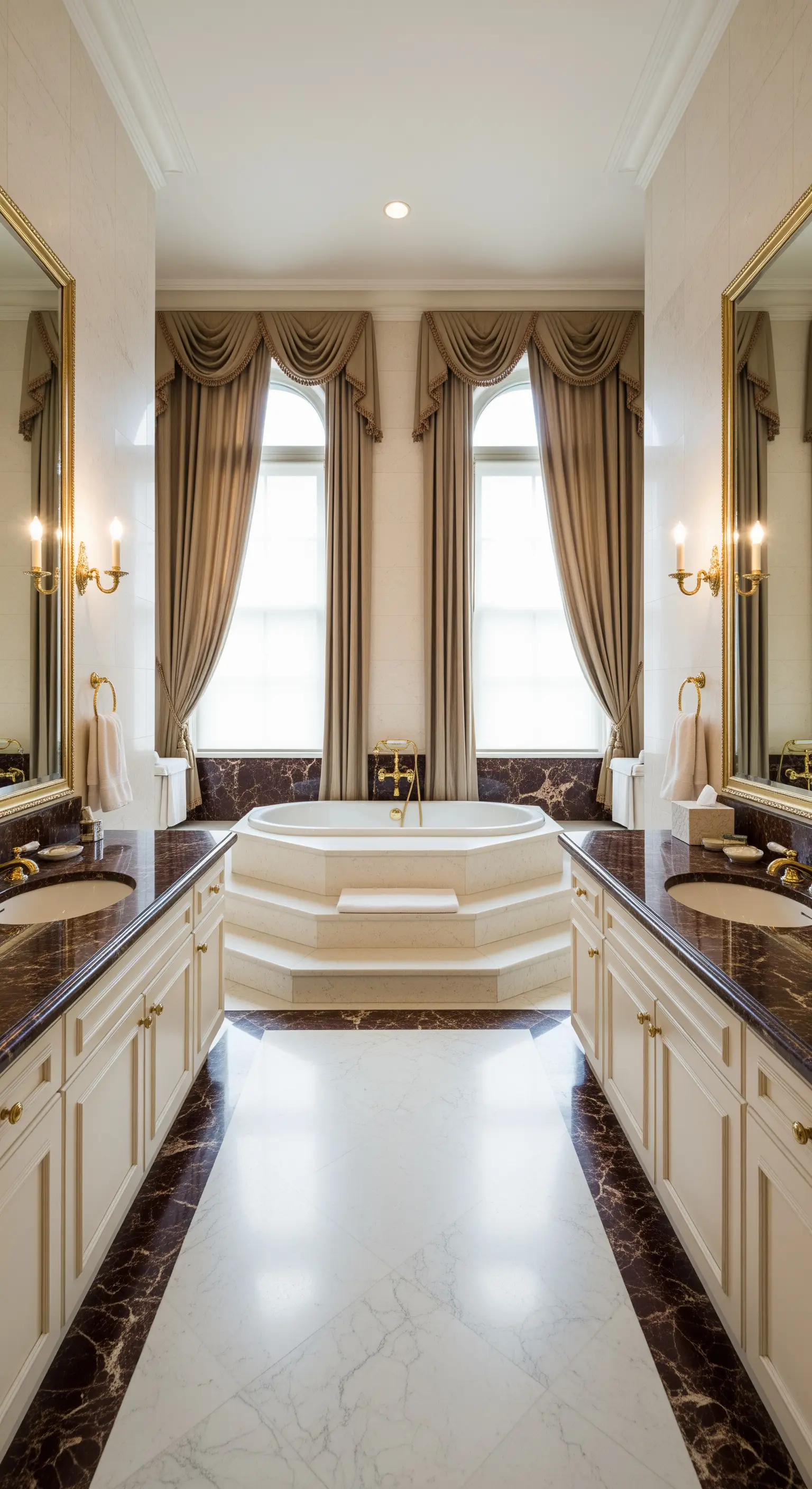Bagno neoclassico simmetrico con doppio lavabo, marmo scuro e vasca centrale rialzata.