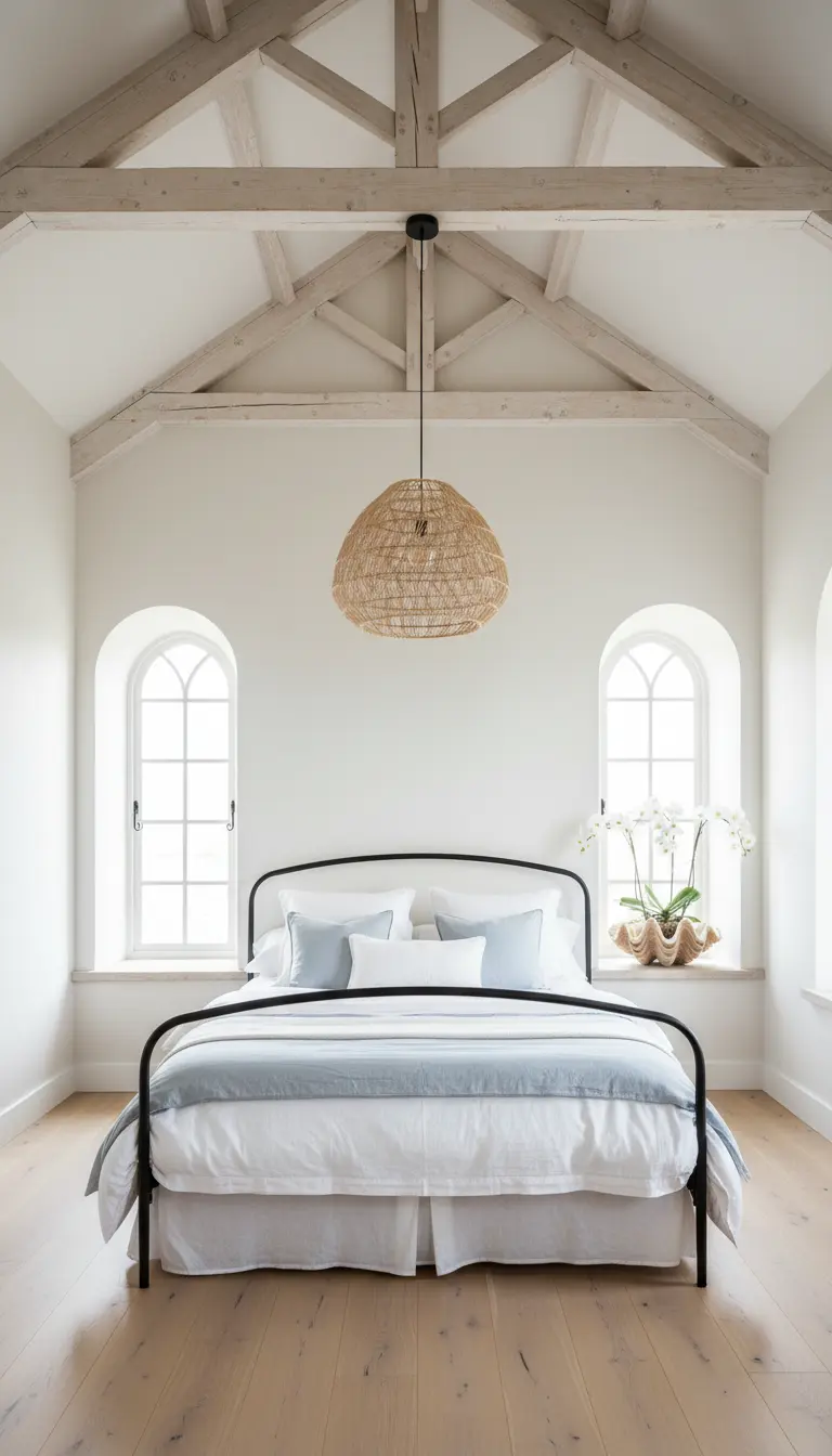 Stanza con soffitto a capriate, letto in metallo nero tra due finestre ad arco e lampadario in rafia.