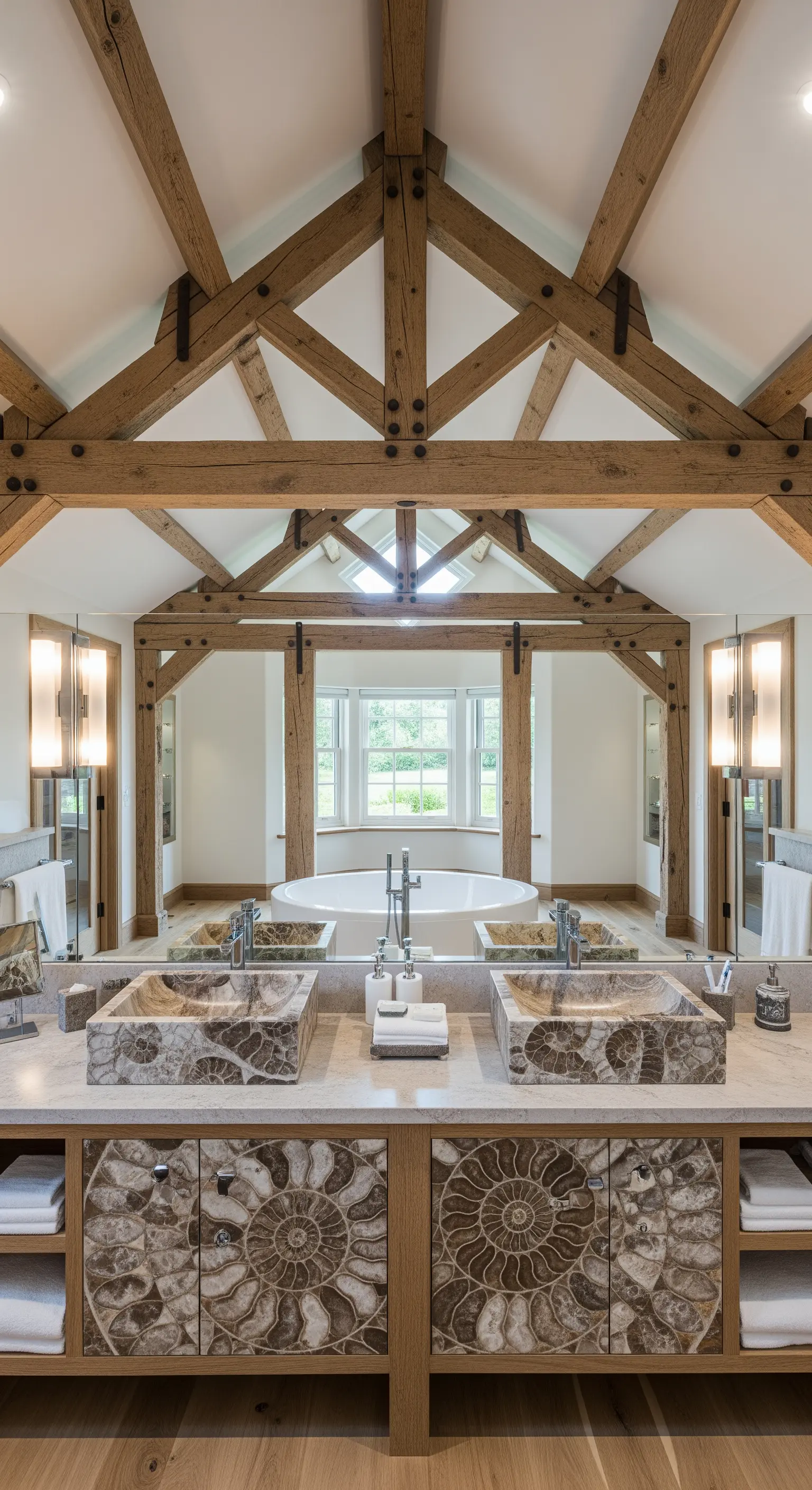 Bagno simmetrico con soffitto a capriate, doppi lavabi e ante con fossili di ammoniti.