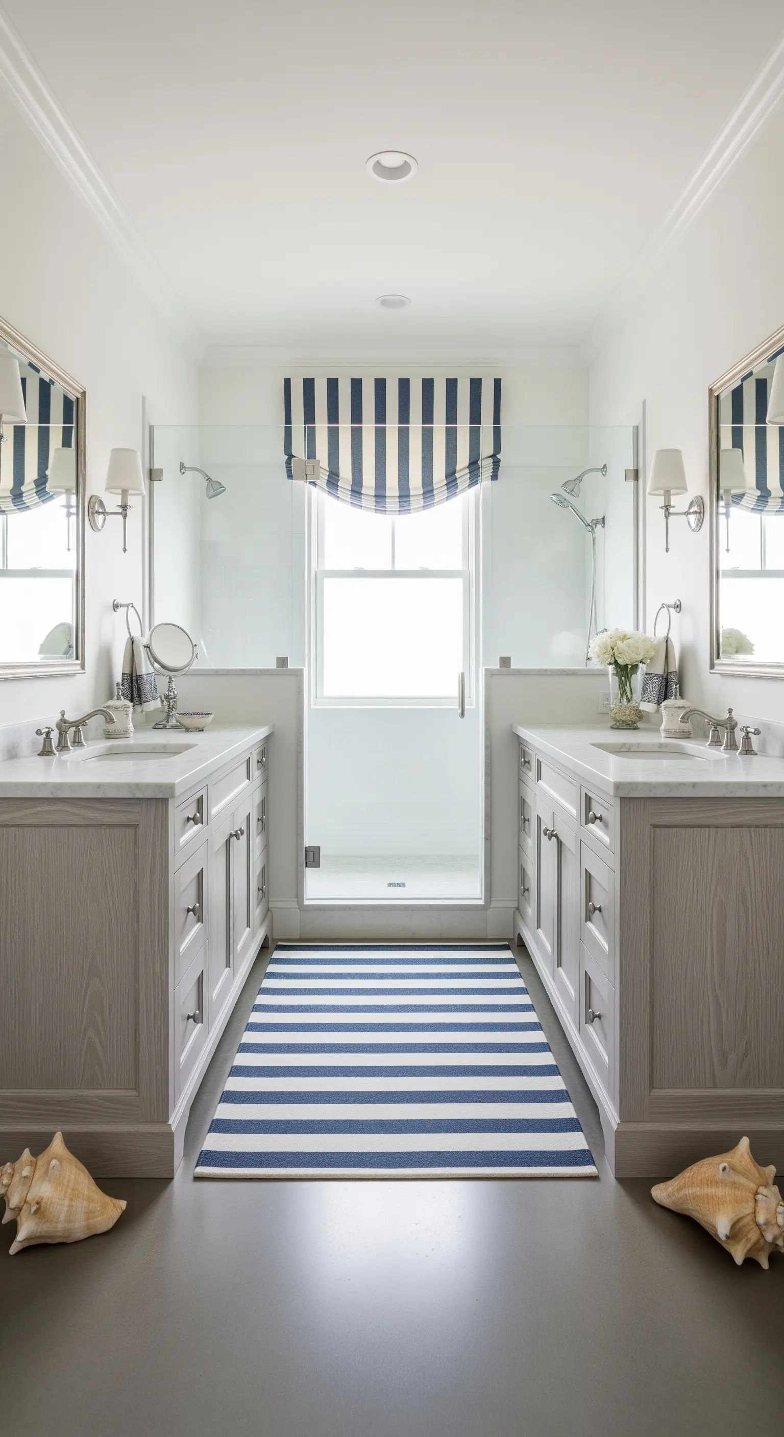 Bagno simmetrico con doppi lavabi, doccia centrale e tappeto a righe.