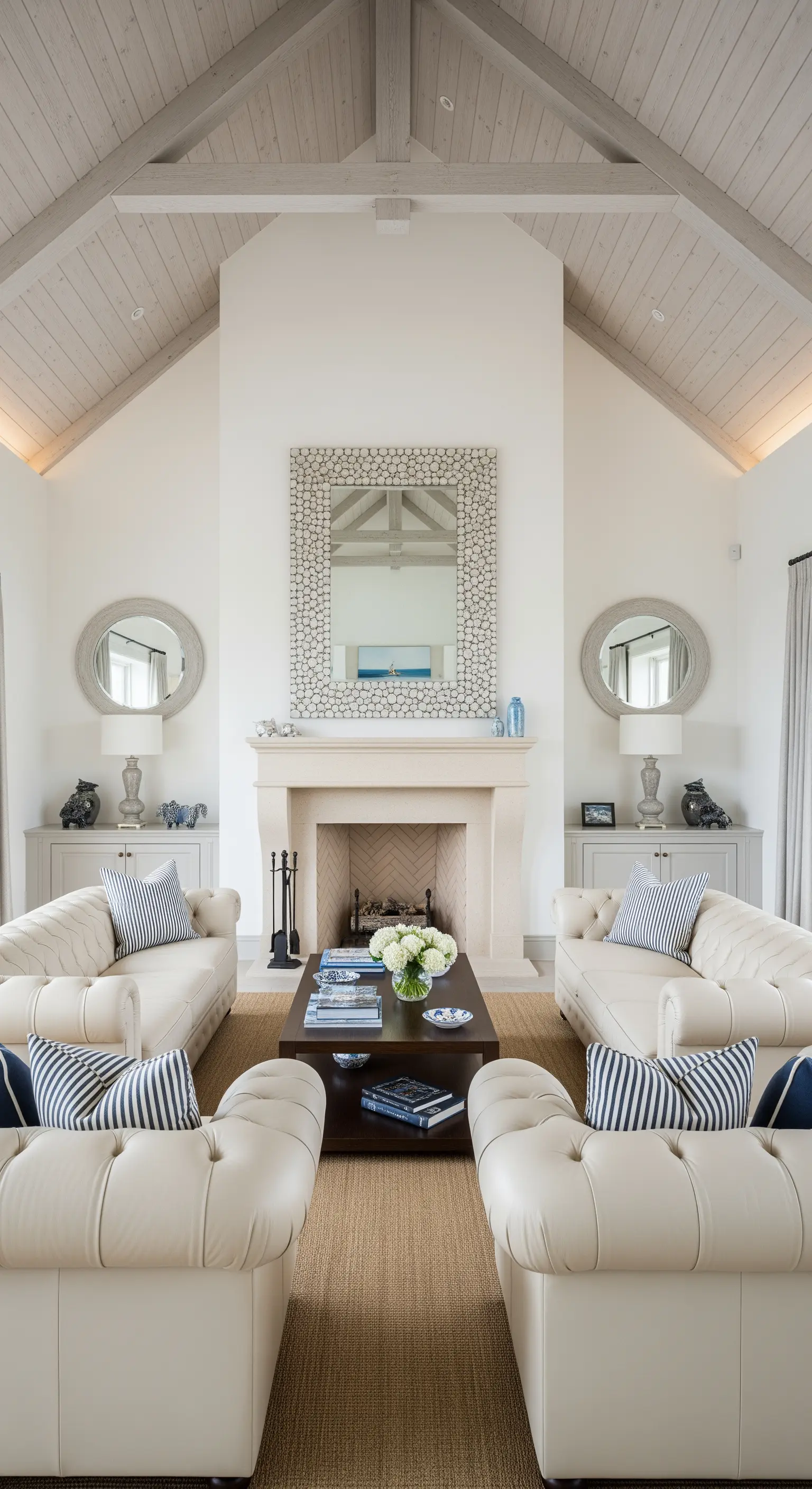 Soggiorno simmetrico con due divani chiari, camino e specchio con cornice di conchiglie.