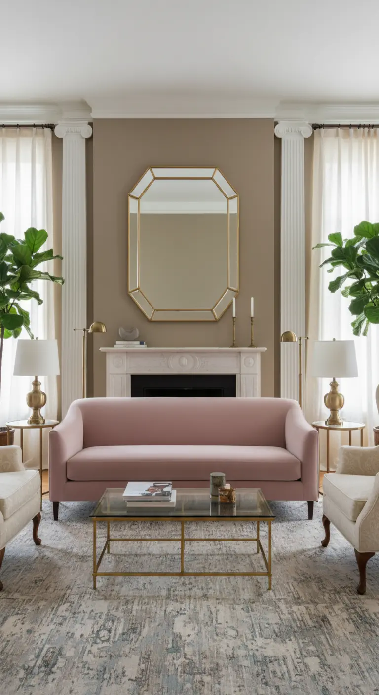 Specchio ottagonale dorato sopra un camino, in un salotto simmetrico con divano rosa.