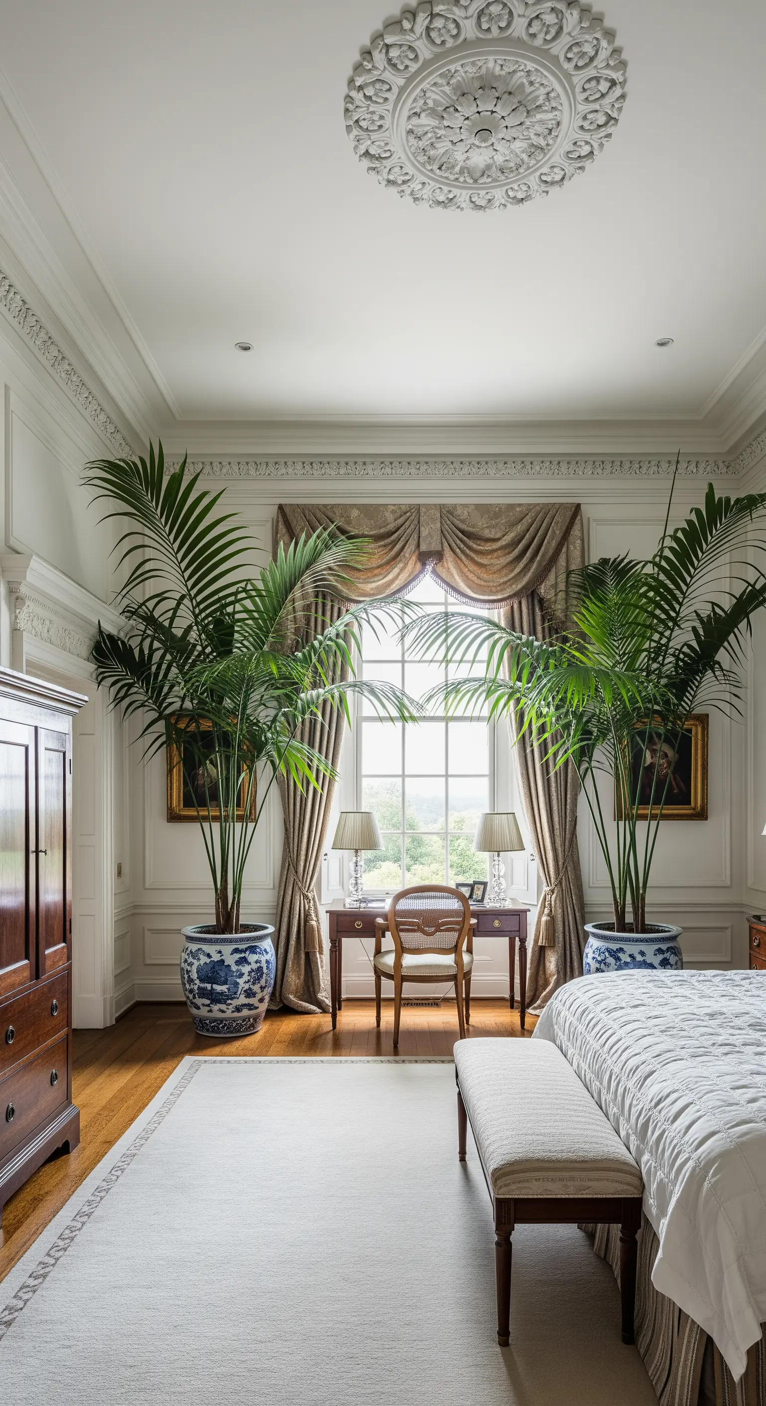 Camera da letto classica con due grandi palme in vasi di porcellana che incorniciano una finestra.