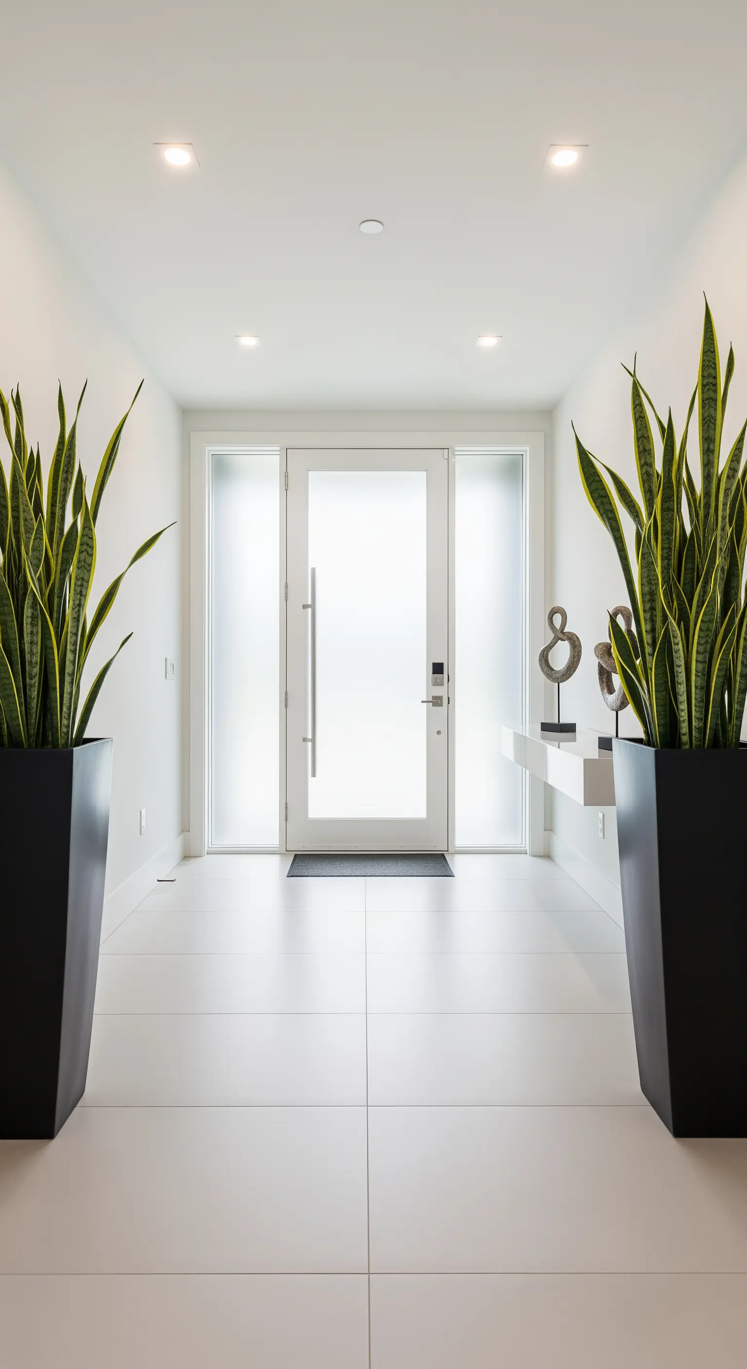 Due alte Sansevieria in vasi neri fiancheggiano una porta in un corridoio total white.