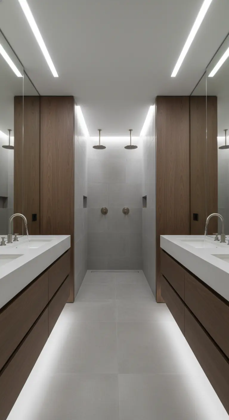 Bagno minimalista e simmetrico con due zone lavabo separate da una doccia centrale.