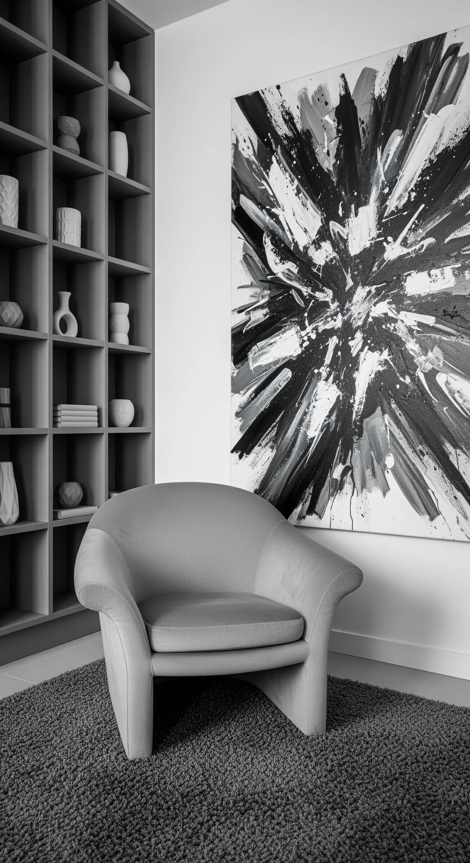 Ambiente monocromatico grigio con libreria a cubi, poltrona e quadro astratto in bianco e nero.