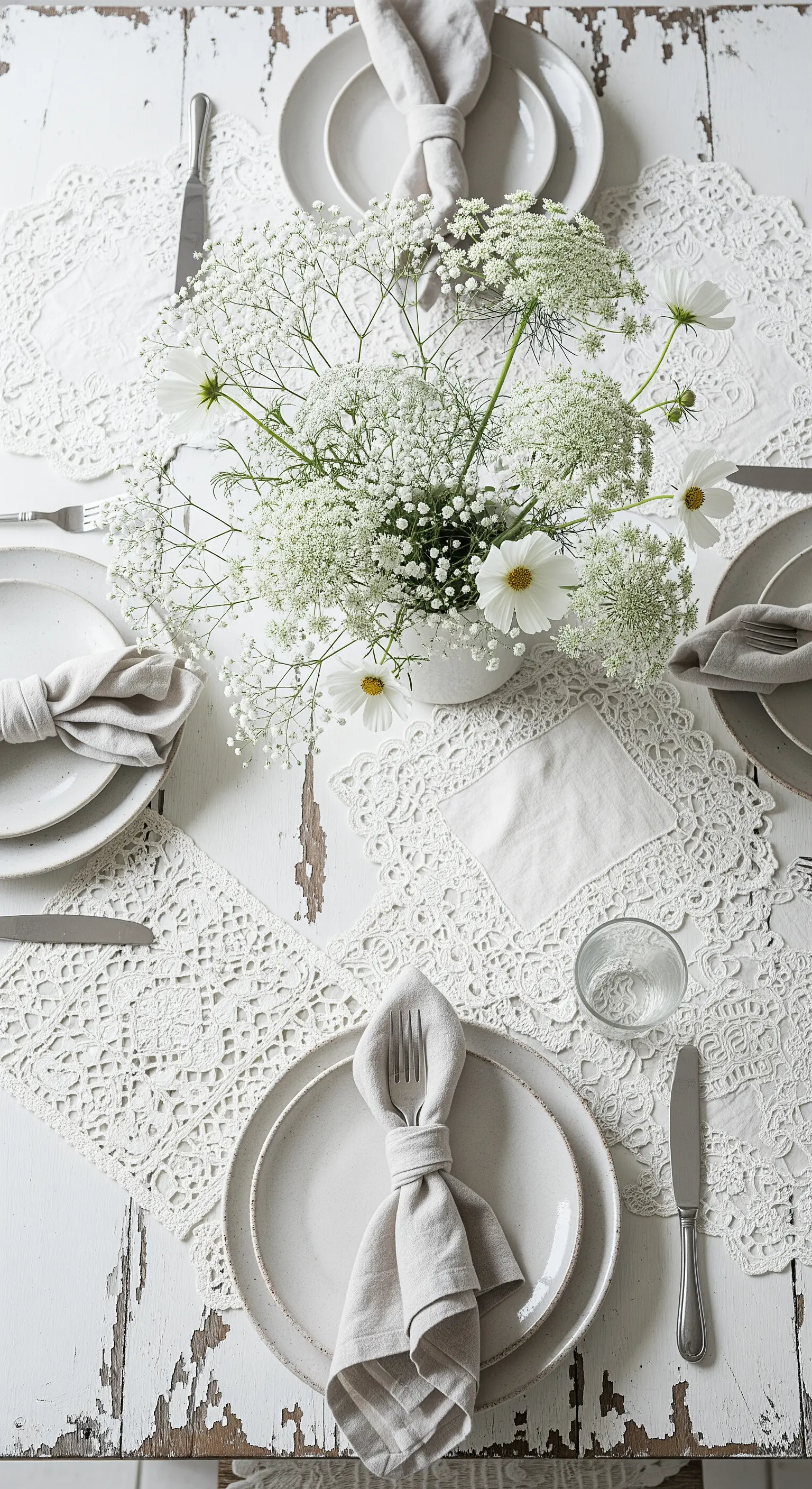Tavola shabby chic total white con tovagliette di pizzo e un vaso di fiori bianchi