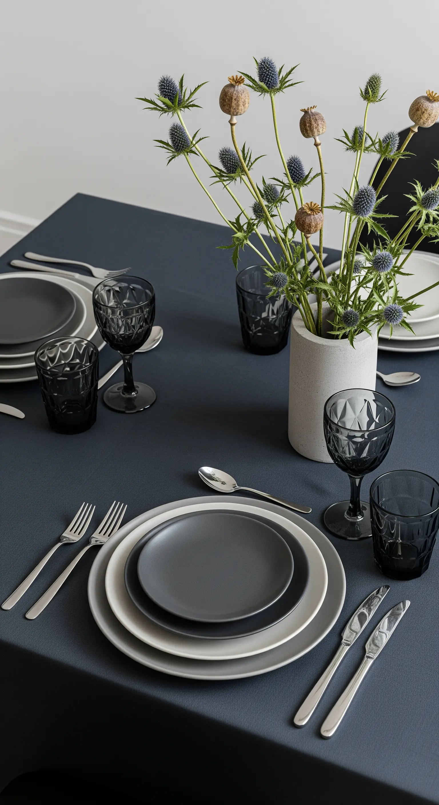 Tavola monocromatica con tovaglia blu-grigio, piatti grigi e cardi secchi.