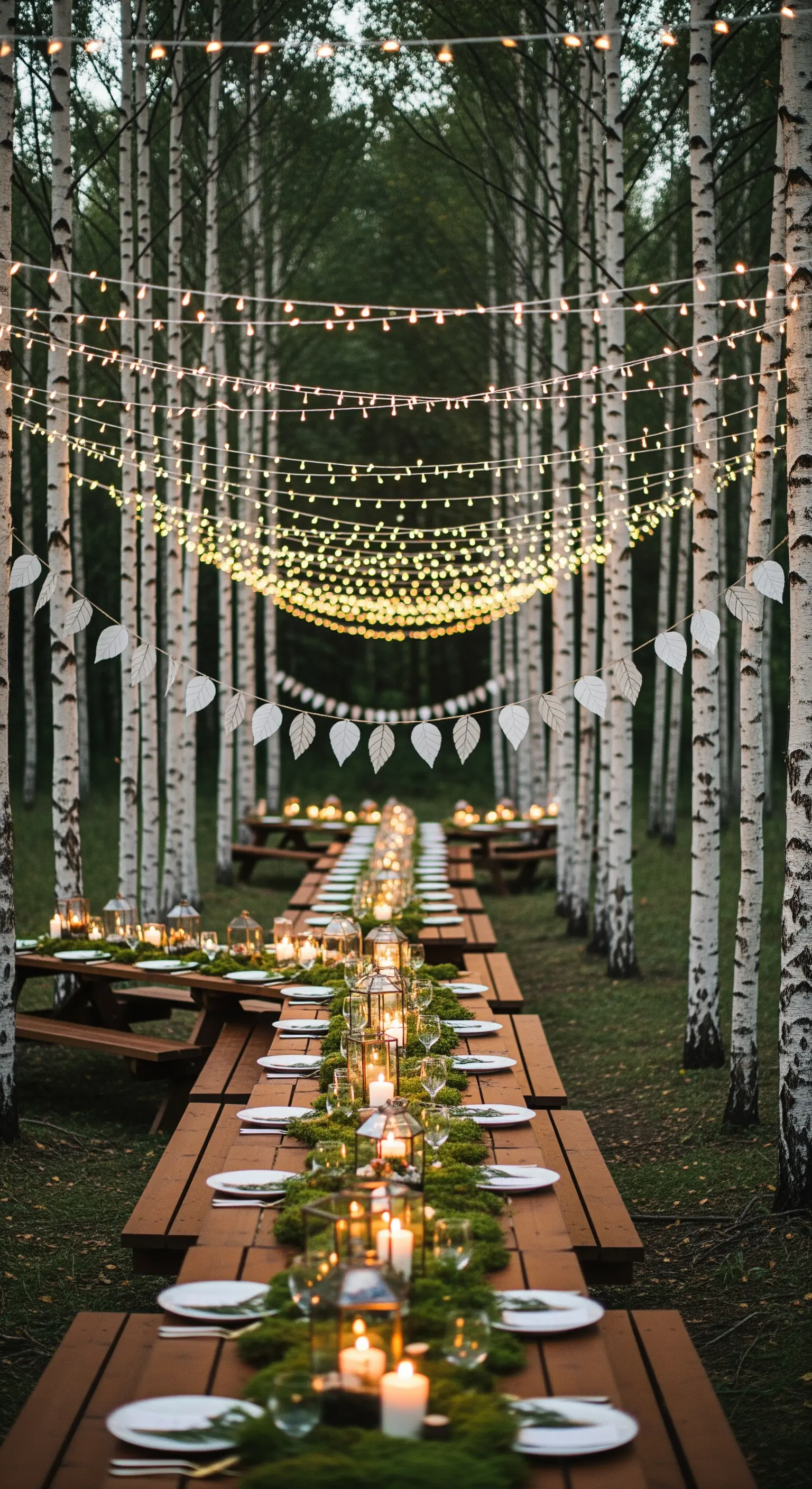 Tavoli da picnic in un bosco di betulle illuminato da file di lucine e lanterne.