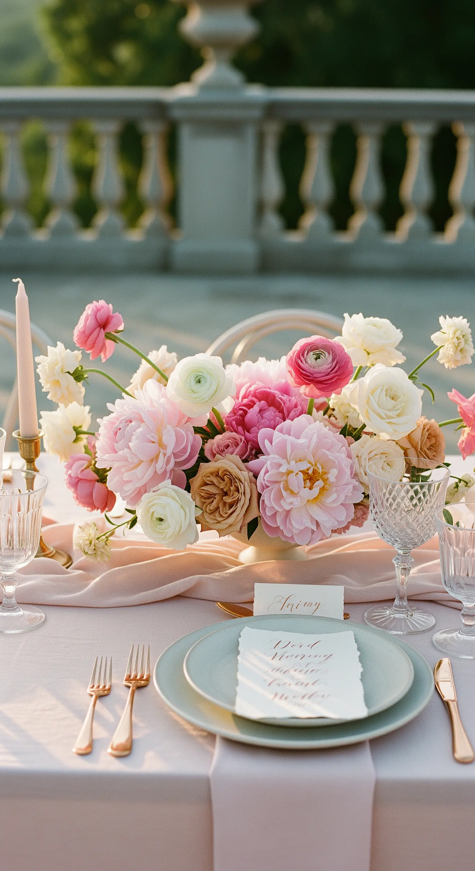 Centrotavola con peonie e ranuncoli rosa su una tavola dai toni pastello.