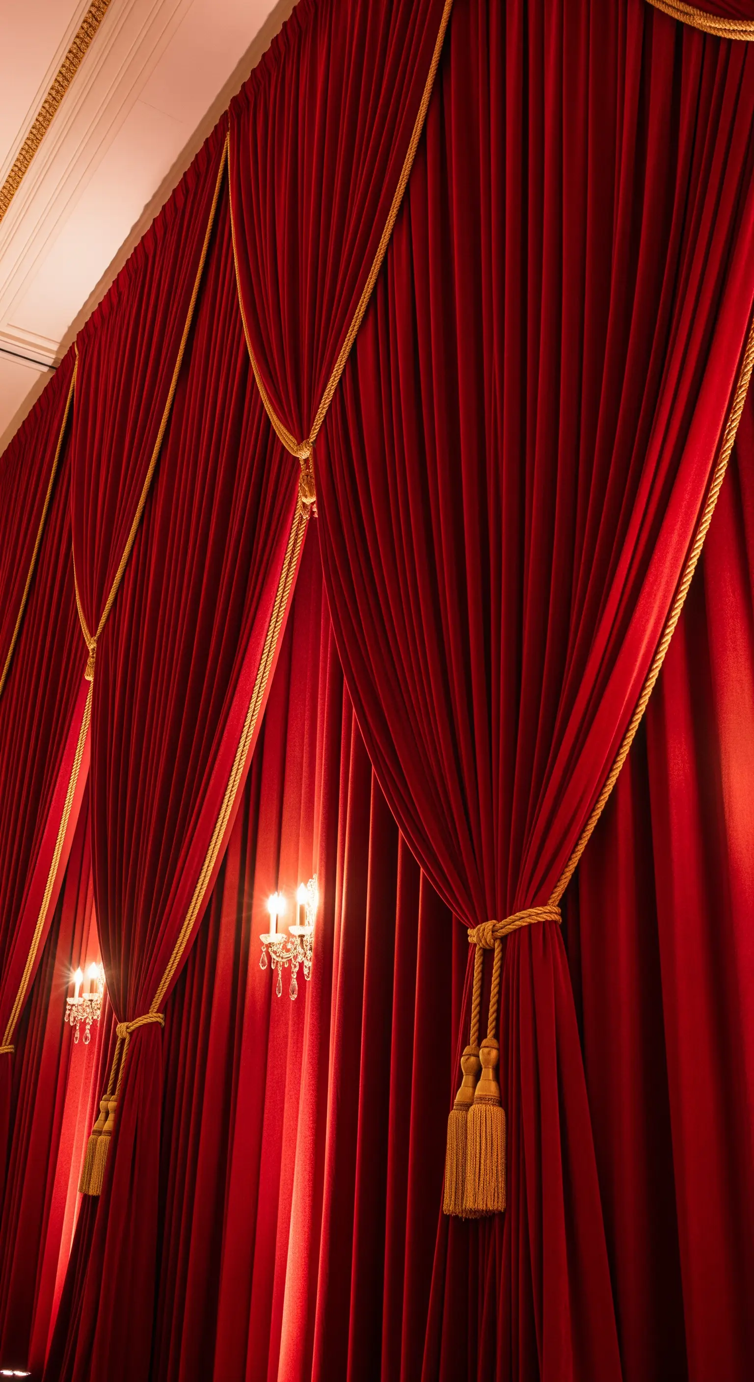 Parete rivestita con pesanti tende di velluto rosso, raccolte con corde e nappe dorate.
