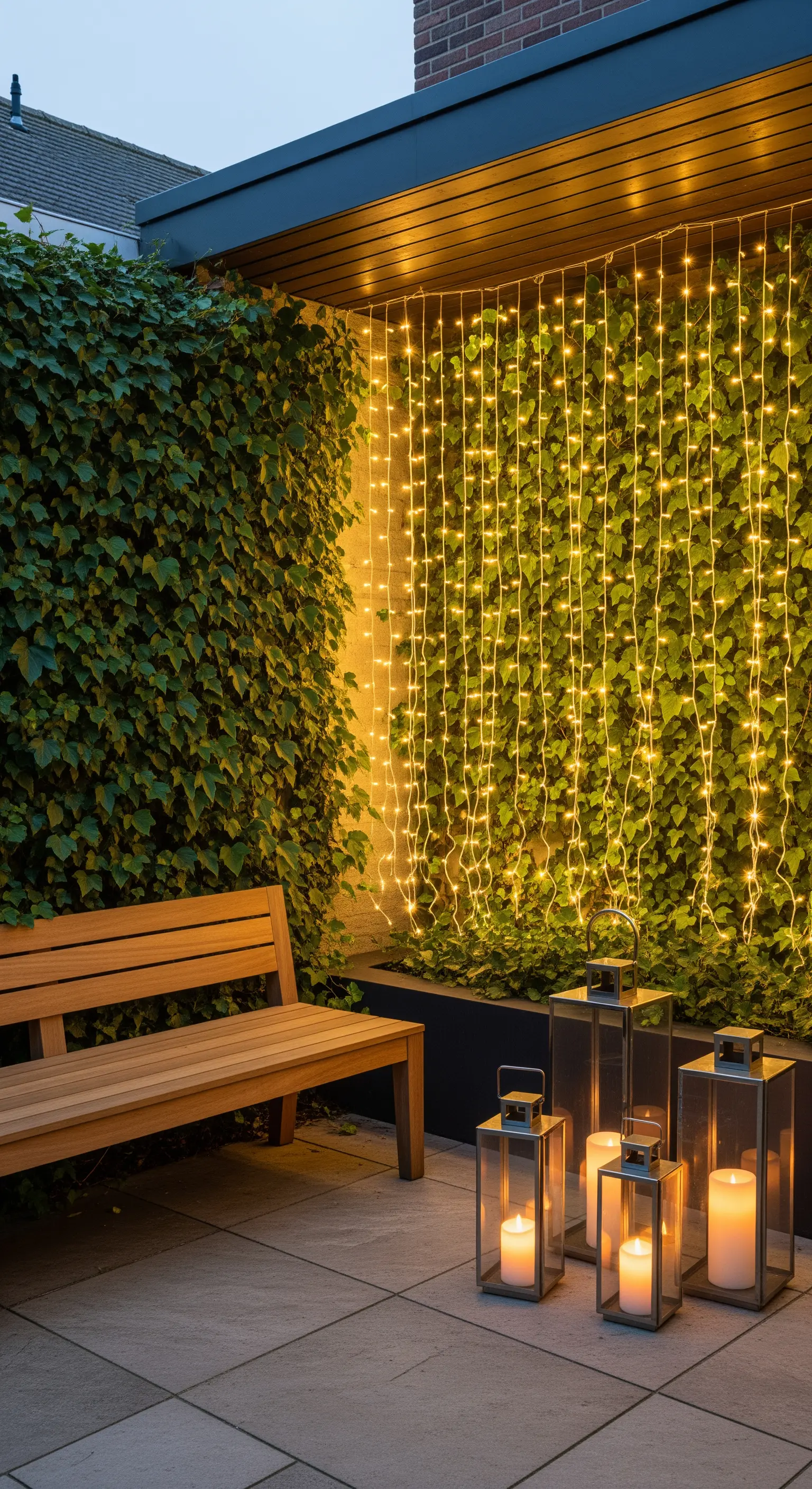 Panca in legno davanti a una parete di edera illuminata da una tenda di luci a cascata.