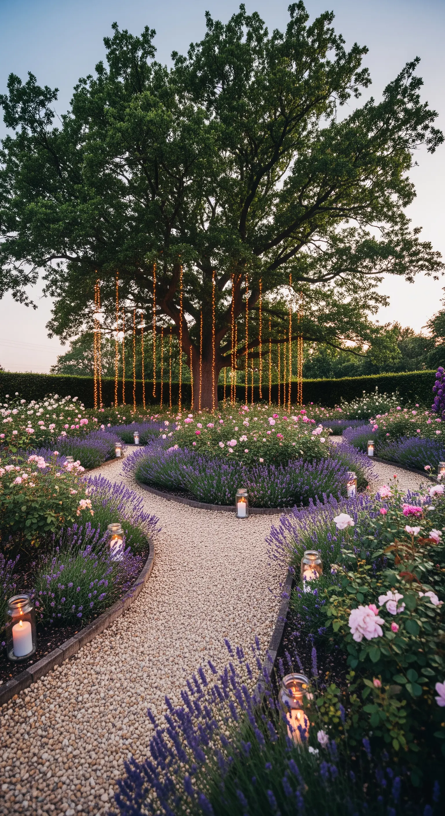 Grande albero decorato con fili di luci a cascata in un giardino di rose e lavanda.