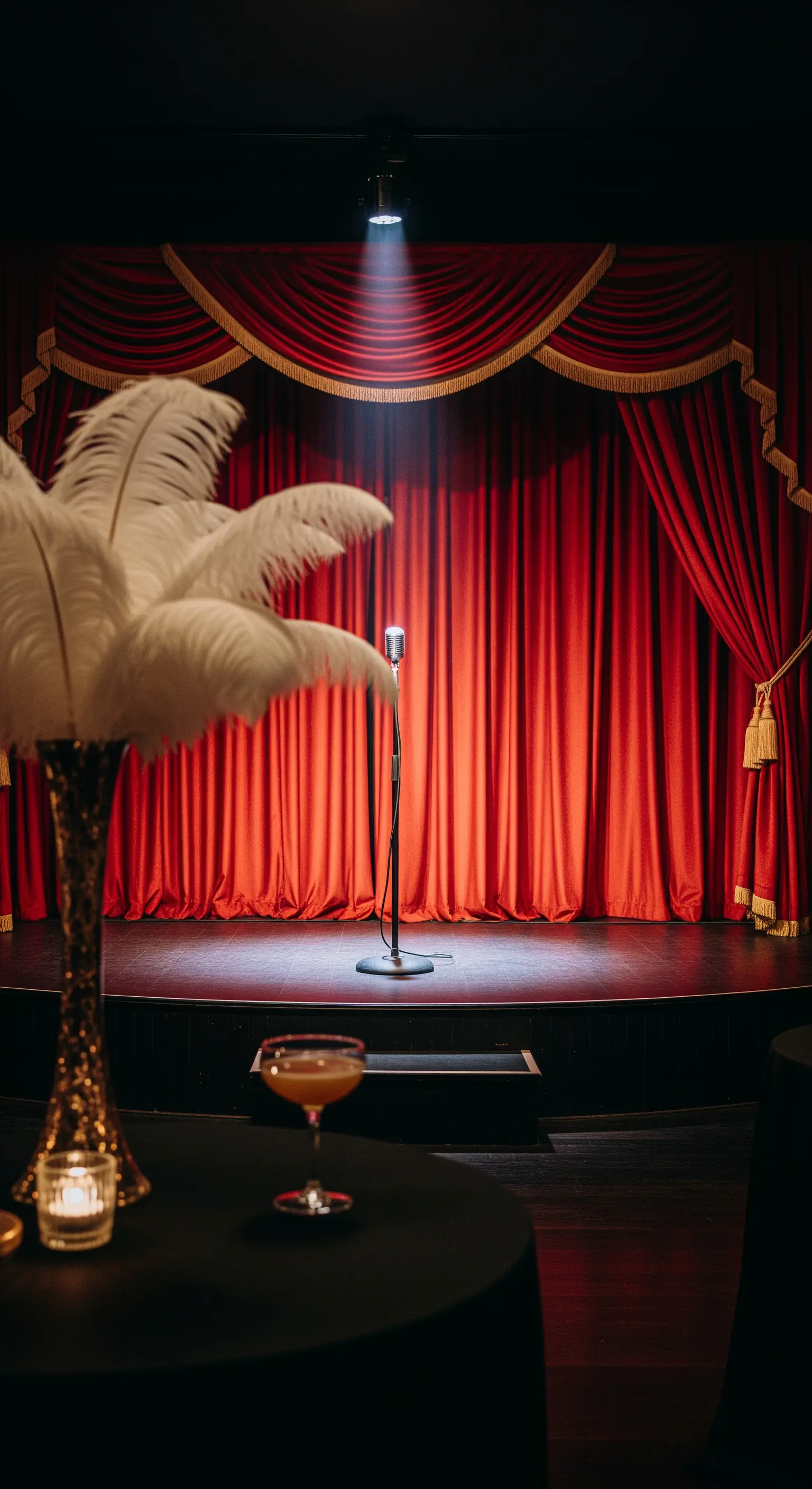 Palco con tende di velluto rosso, pavimento in legno e un microfono vintage illuminato da un faretto.