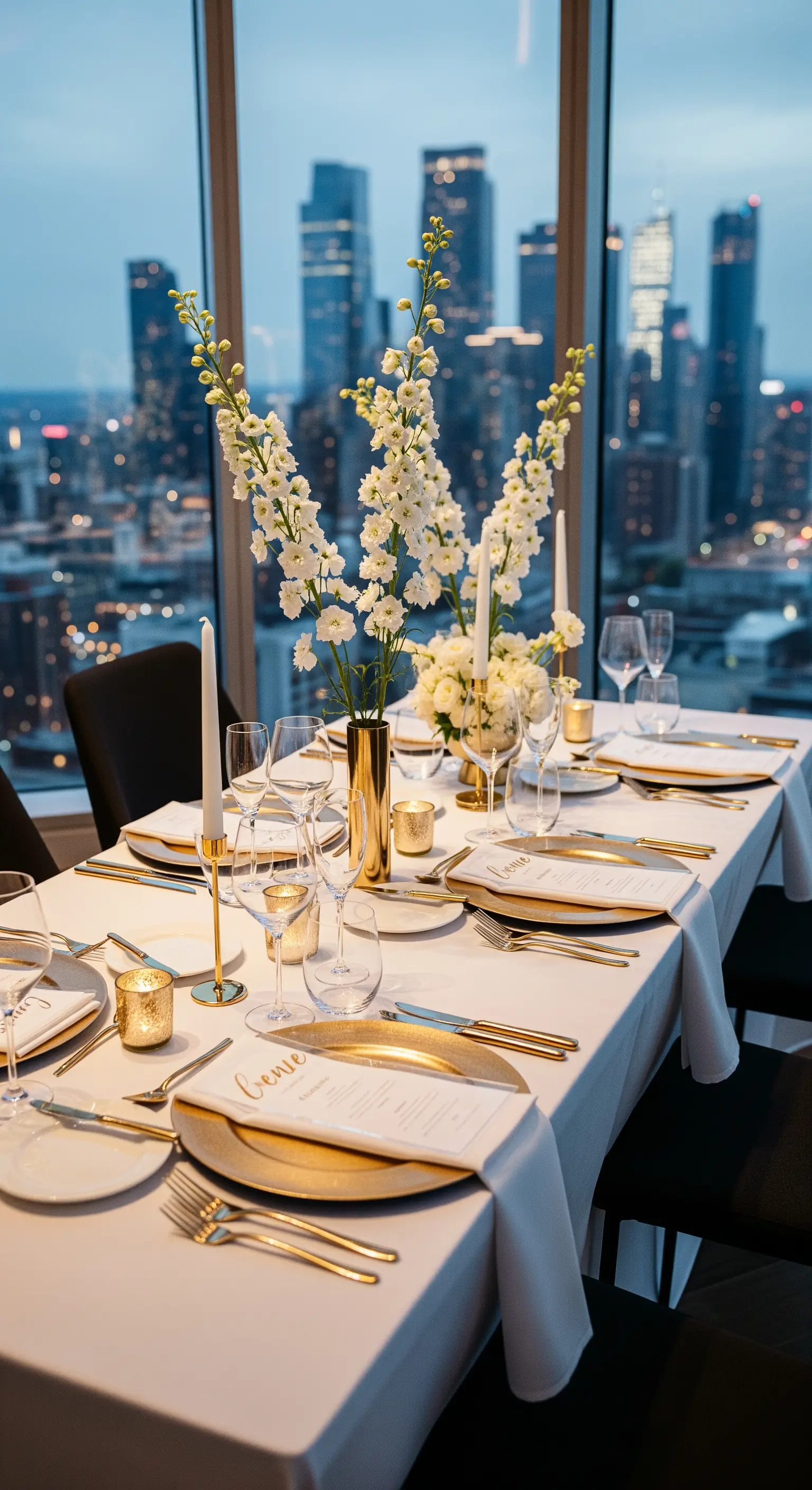 Tavola elegante su un attico con vista sulla città, vaso dorato e fiori bianchi alti.