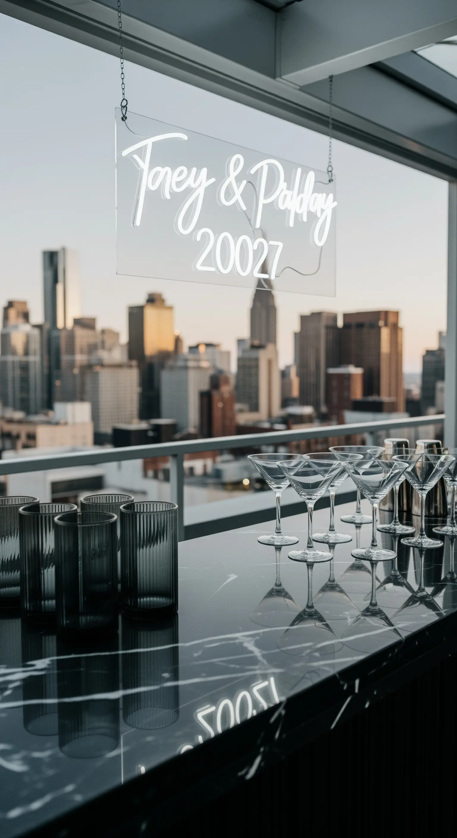 Insegna al neon con nomi e data sospesa davanti a una vetrata con vista sulla città.