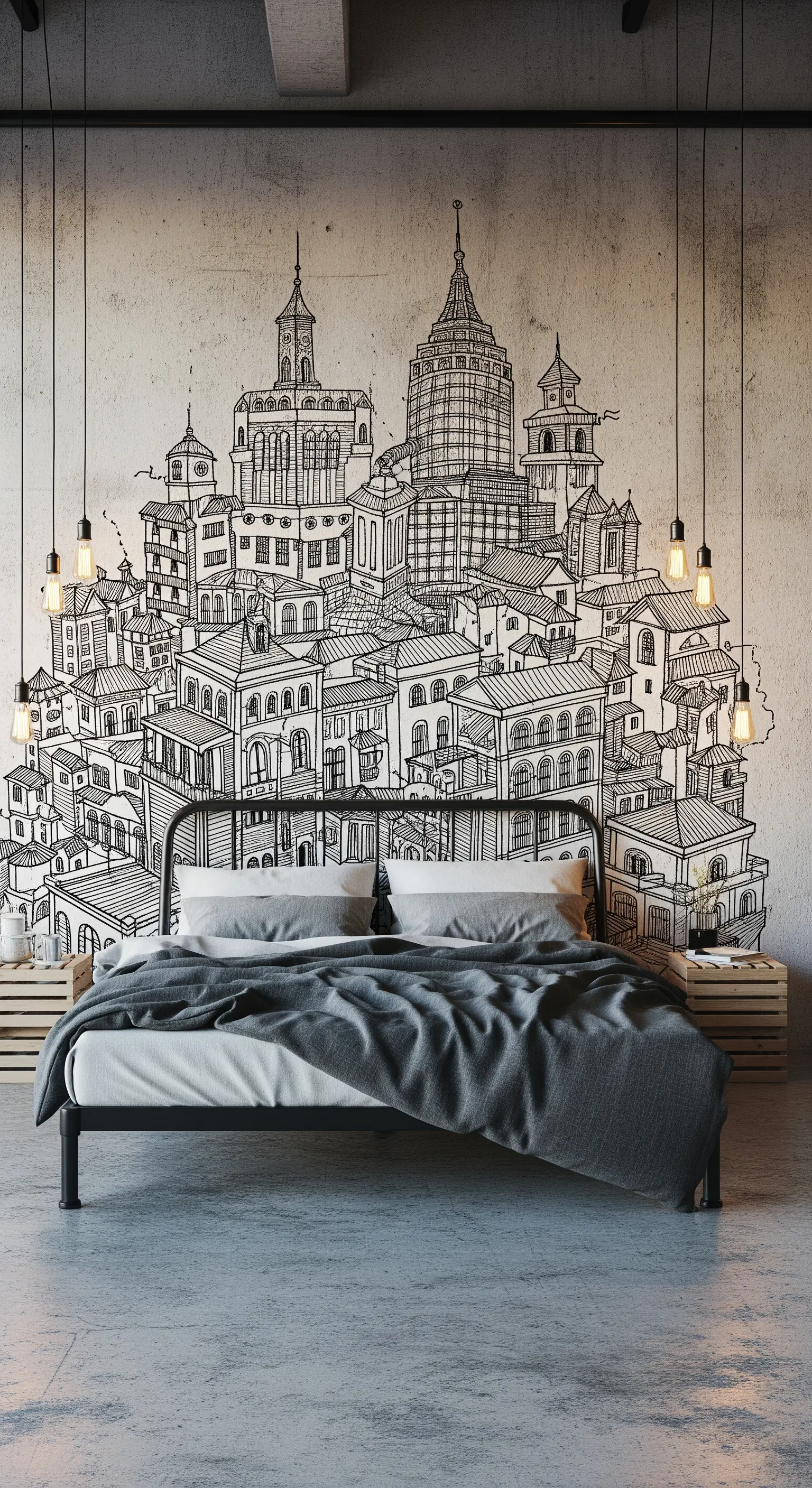 Camera da letto industrial con murale di una città stilizzata su parete di cemento grezzo.