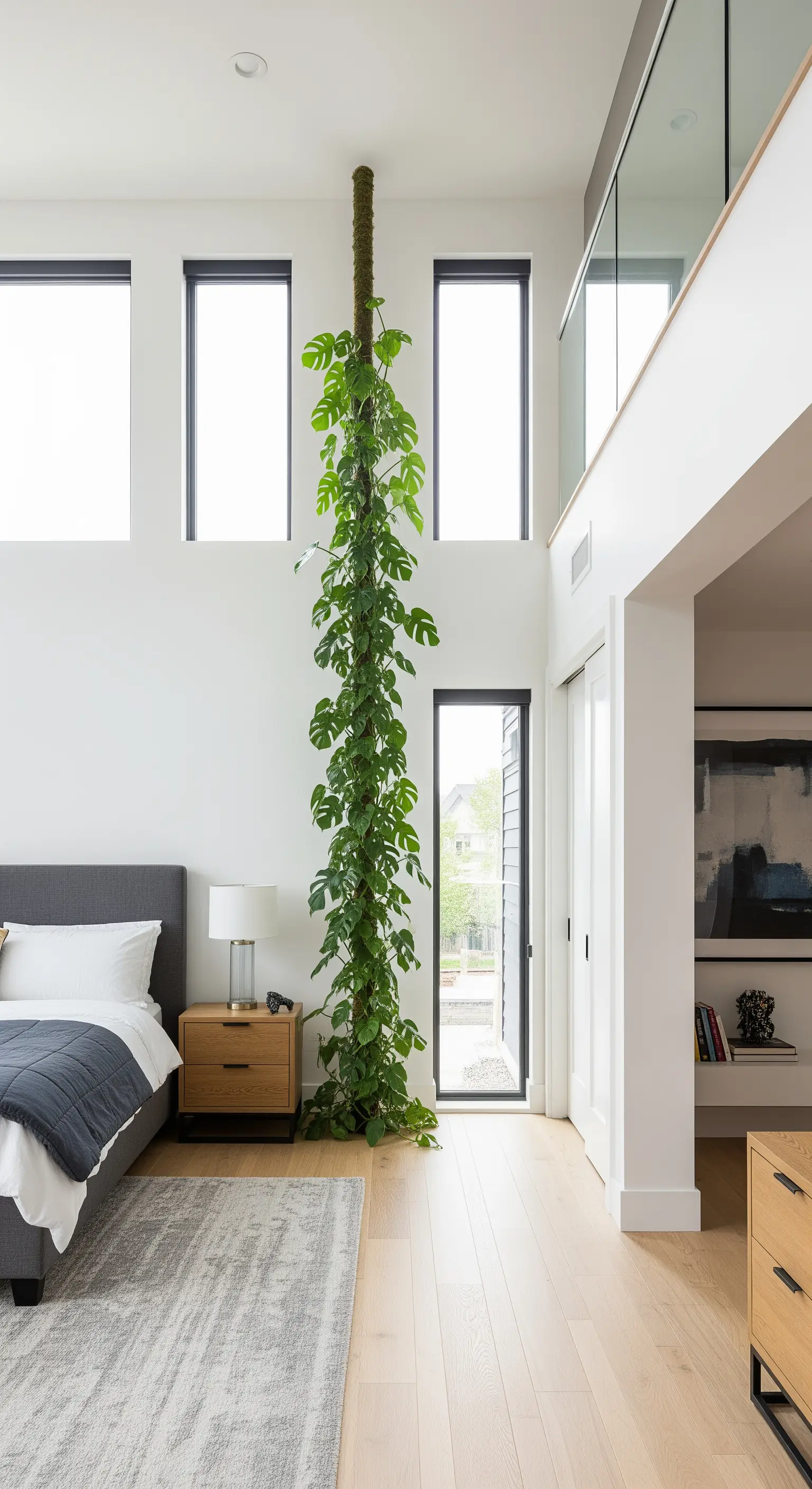 Camera moderna con soffitto alto e una pianta di Monstera che si arrampica su un tutore fino al piano superiore.