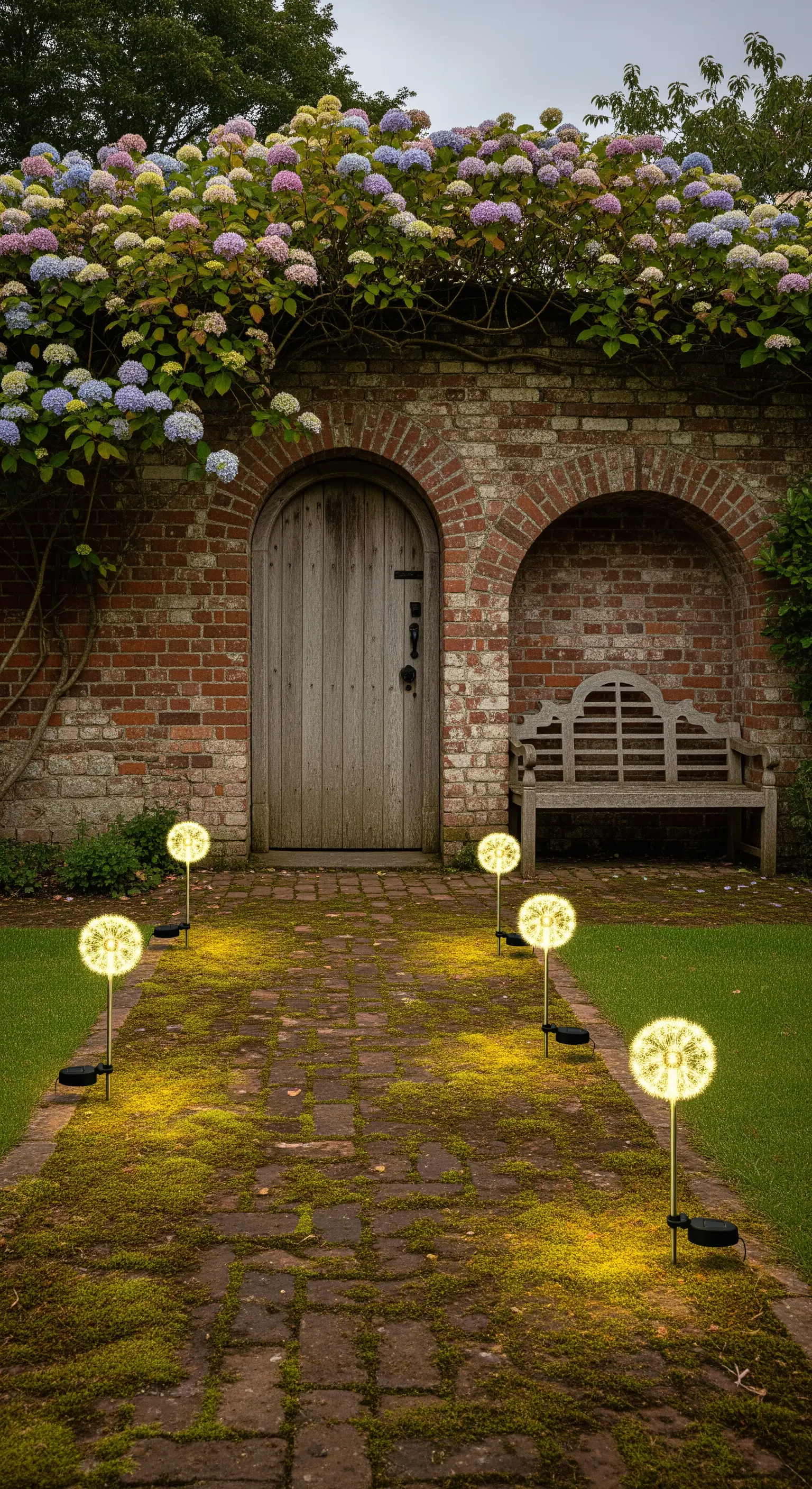 Vialetto in un giardino con lampade solari a forma di soffione luminoso.