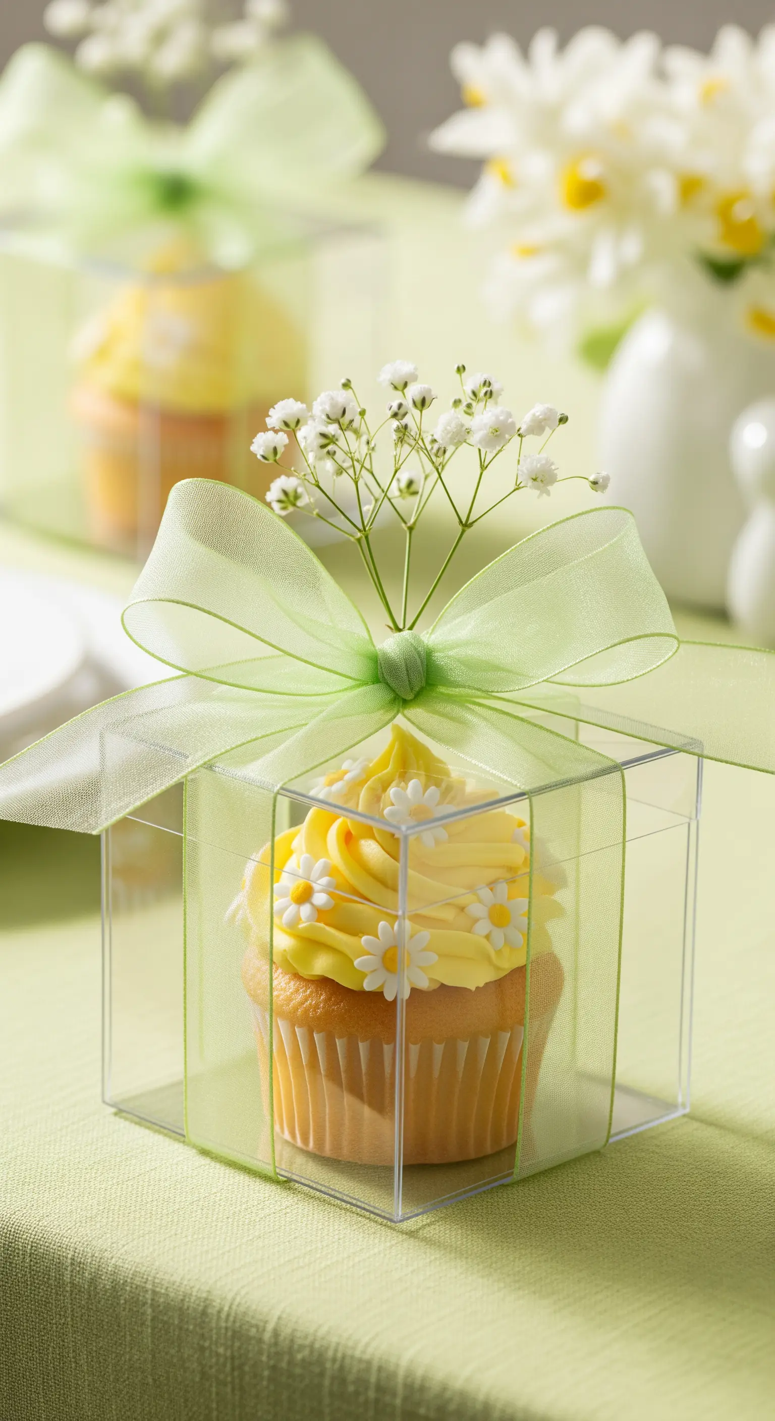 Cupcake giallo in scatola trasparente con fiocco in organza verde e gypsophila.