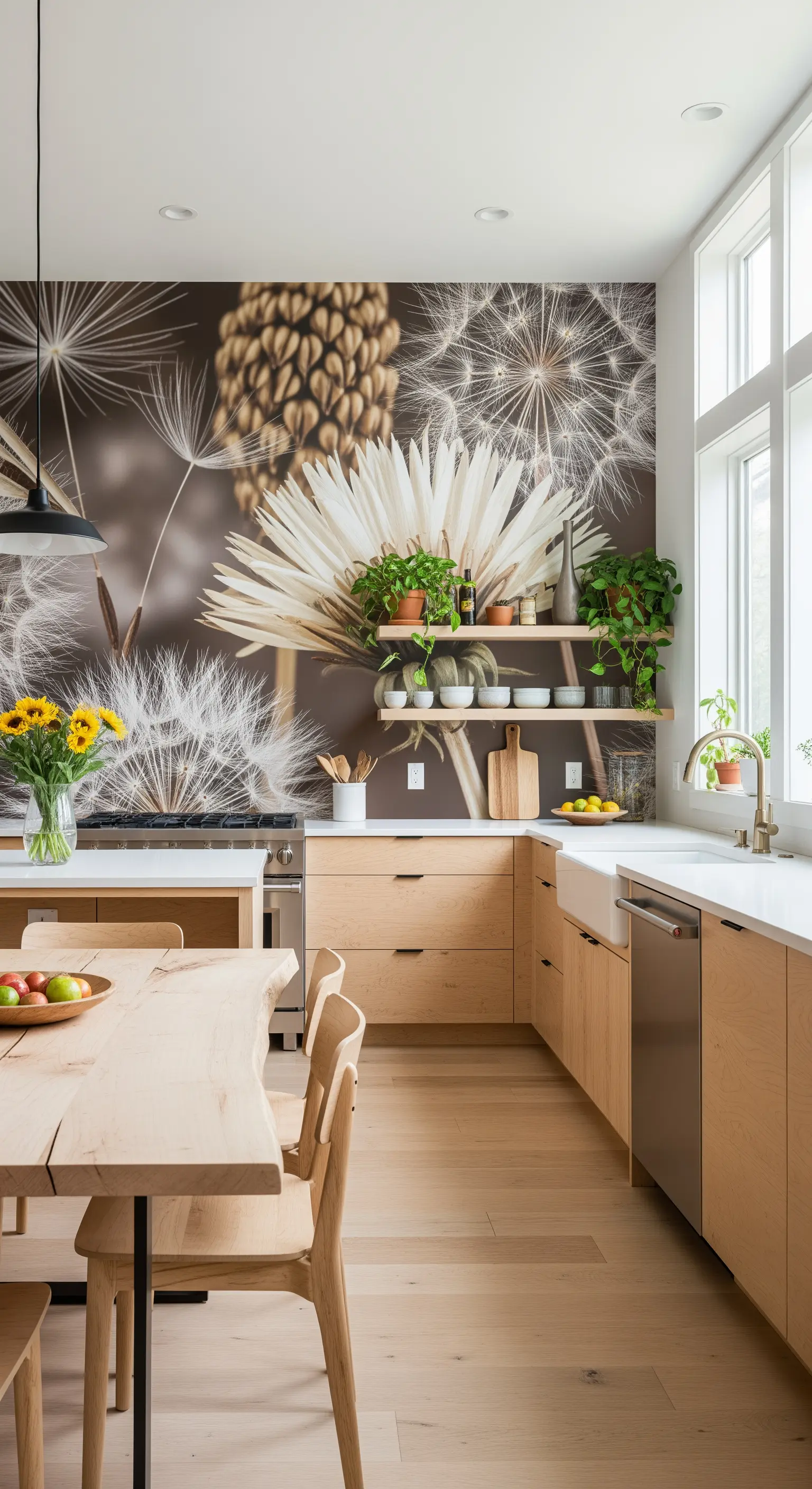 Cucina in legno chiaro con carta da parati fotografica raffigurante soffioni.