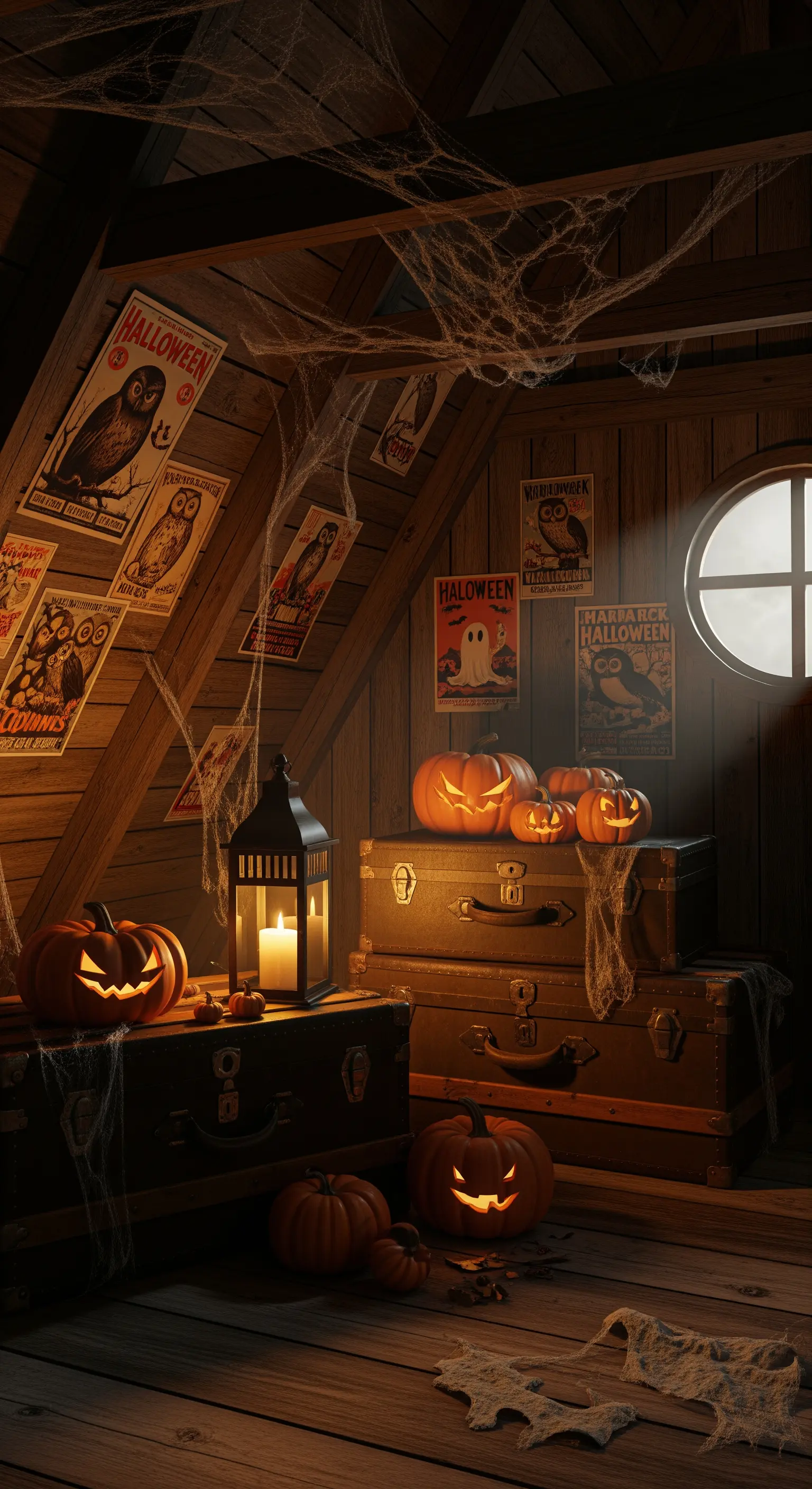Soffitta spettrale con vecchie valigie, zucche intagliate, ragnatele e poster di Halloween vintage.