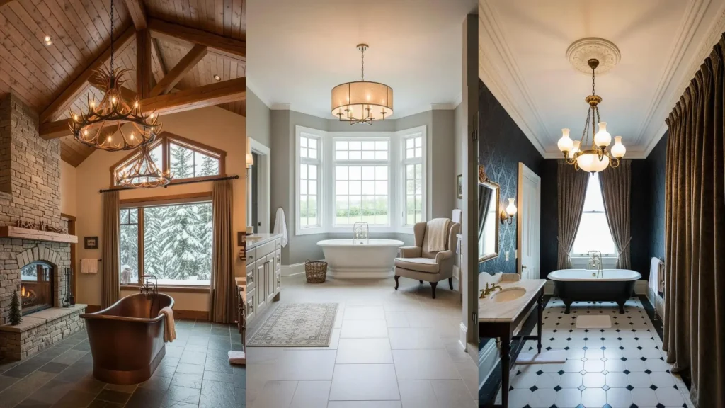 Bagni con soffitti alti, lampadari d'effetto e vasche centrali: scenografie d'arredo uniche.