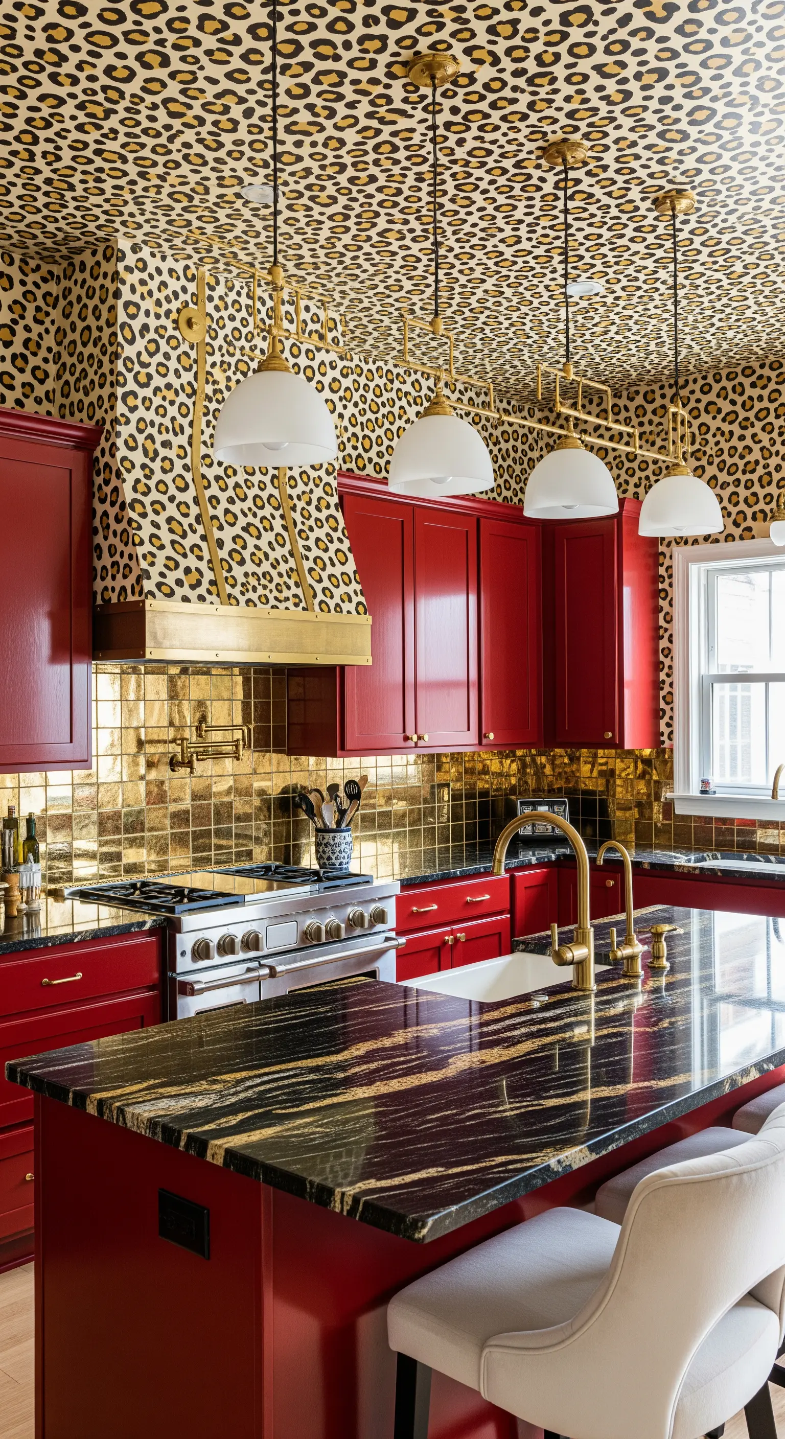 Cucina con soffitto a stampa leopardata, mobili rossi e paraschizzi dorato.