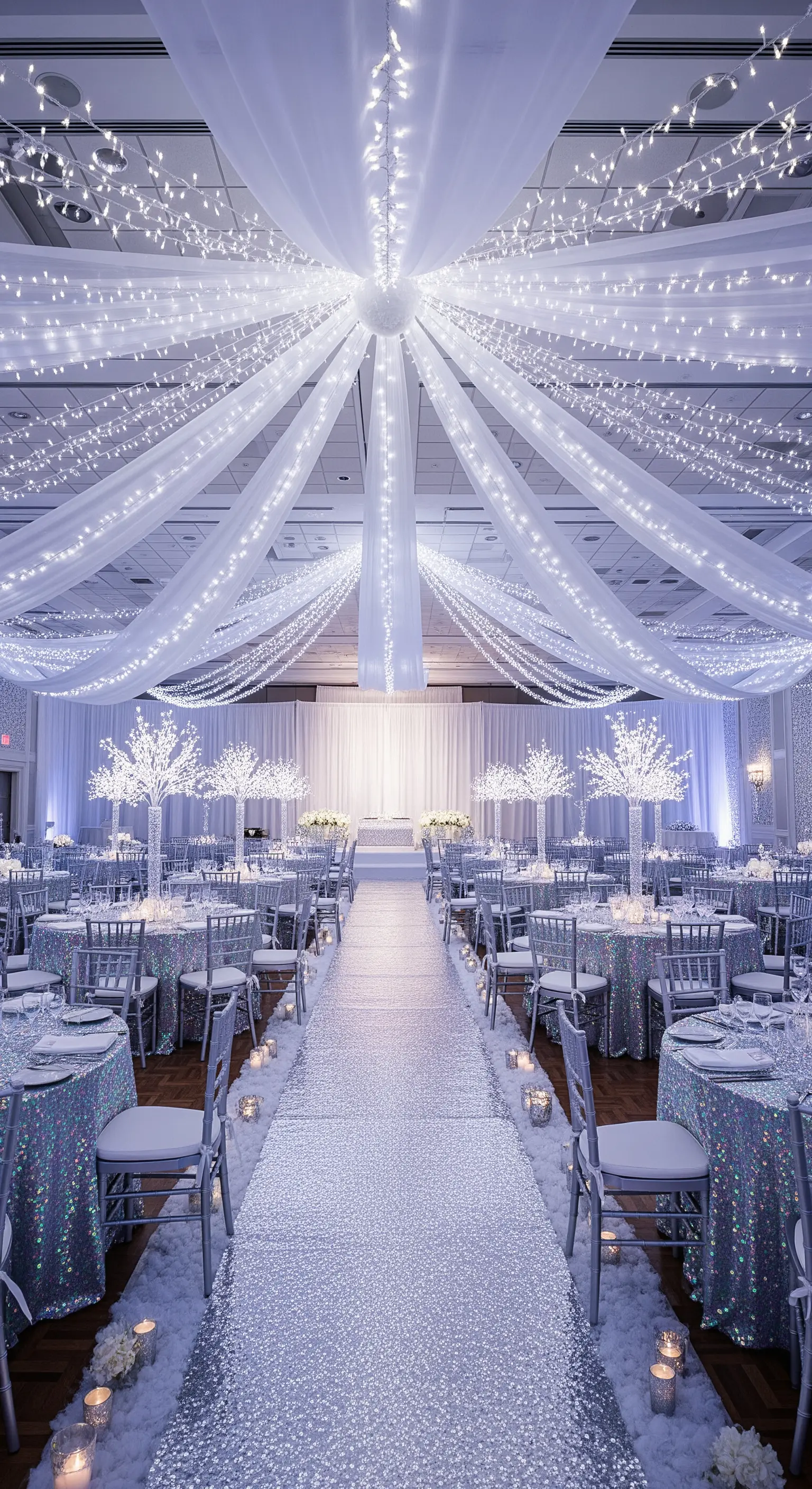 Sala da ballo allestita in bianco con drappeggi luminosi e tovaglie di paillettes.