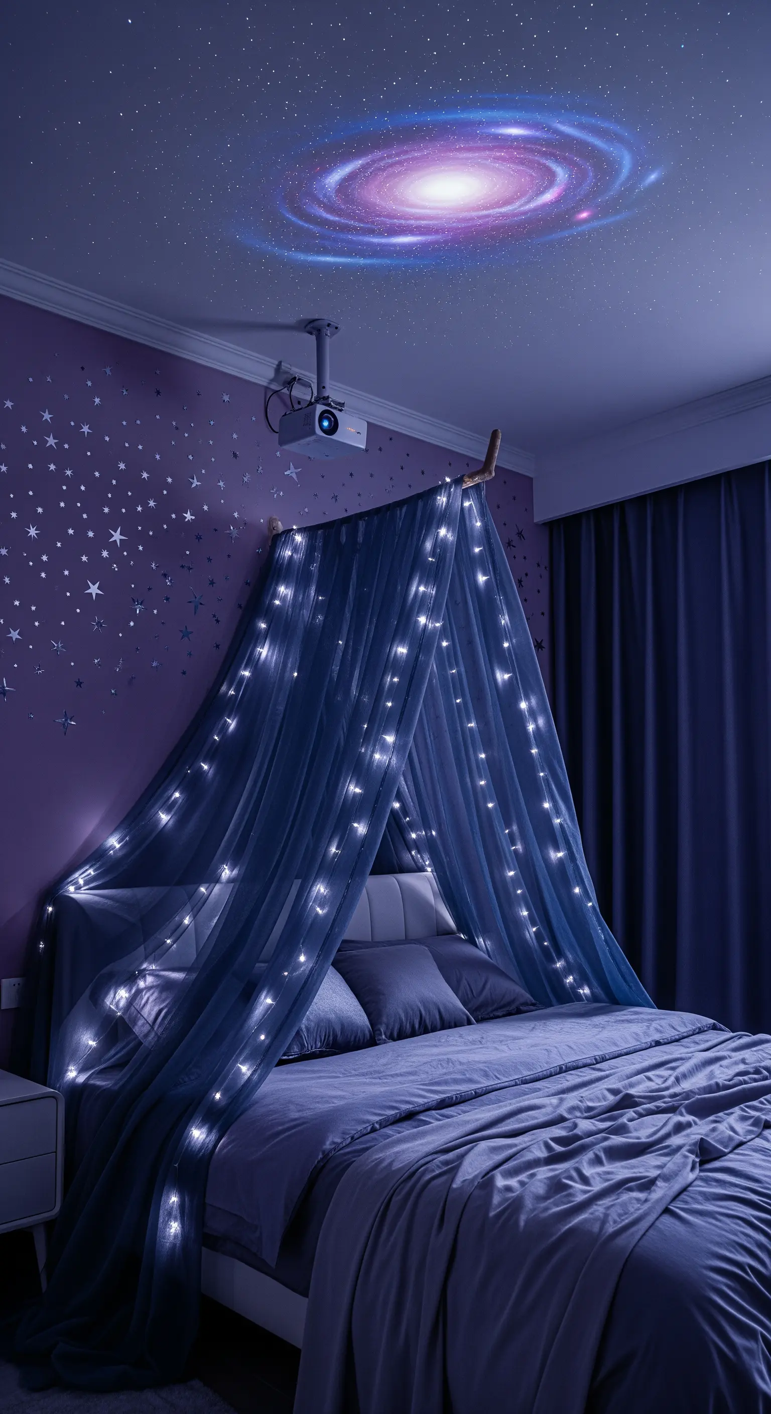 Letto con baldacchino illuminato e proiezione di una galassia sul soffitto.