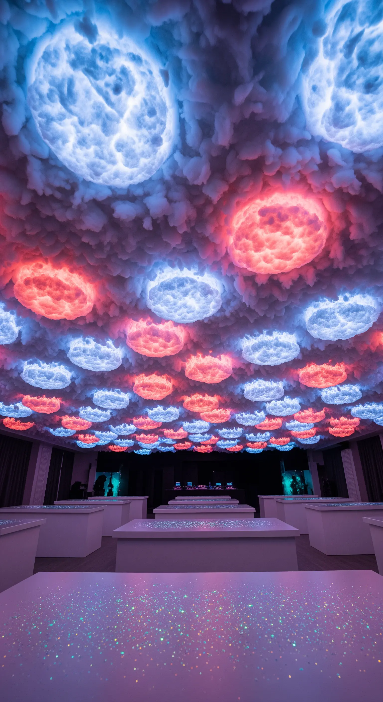 Soffitto interamente coperto da un'installazione di nuvole illuminate di rosso e blu.