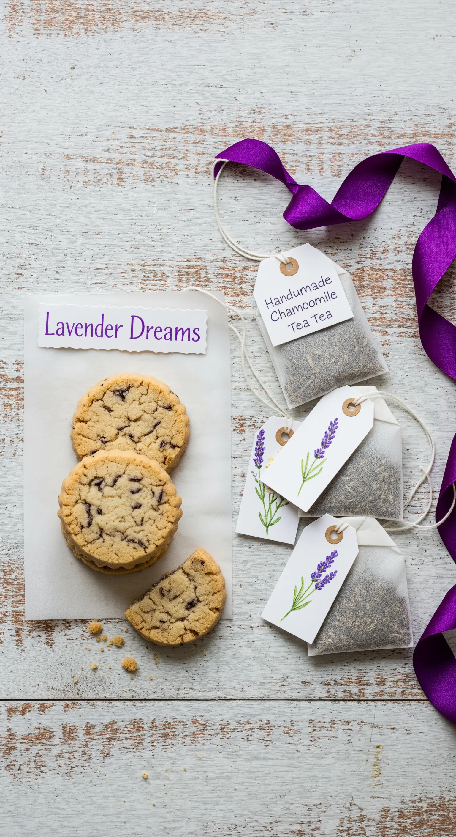 Biscotti fatti in casa e bustine di tè alla camomilla decorate con lavanda e nastro viola.