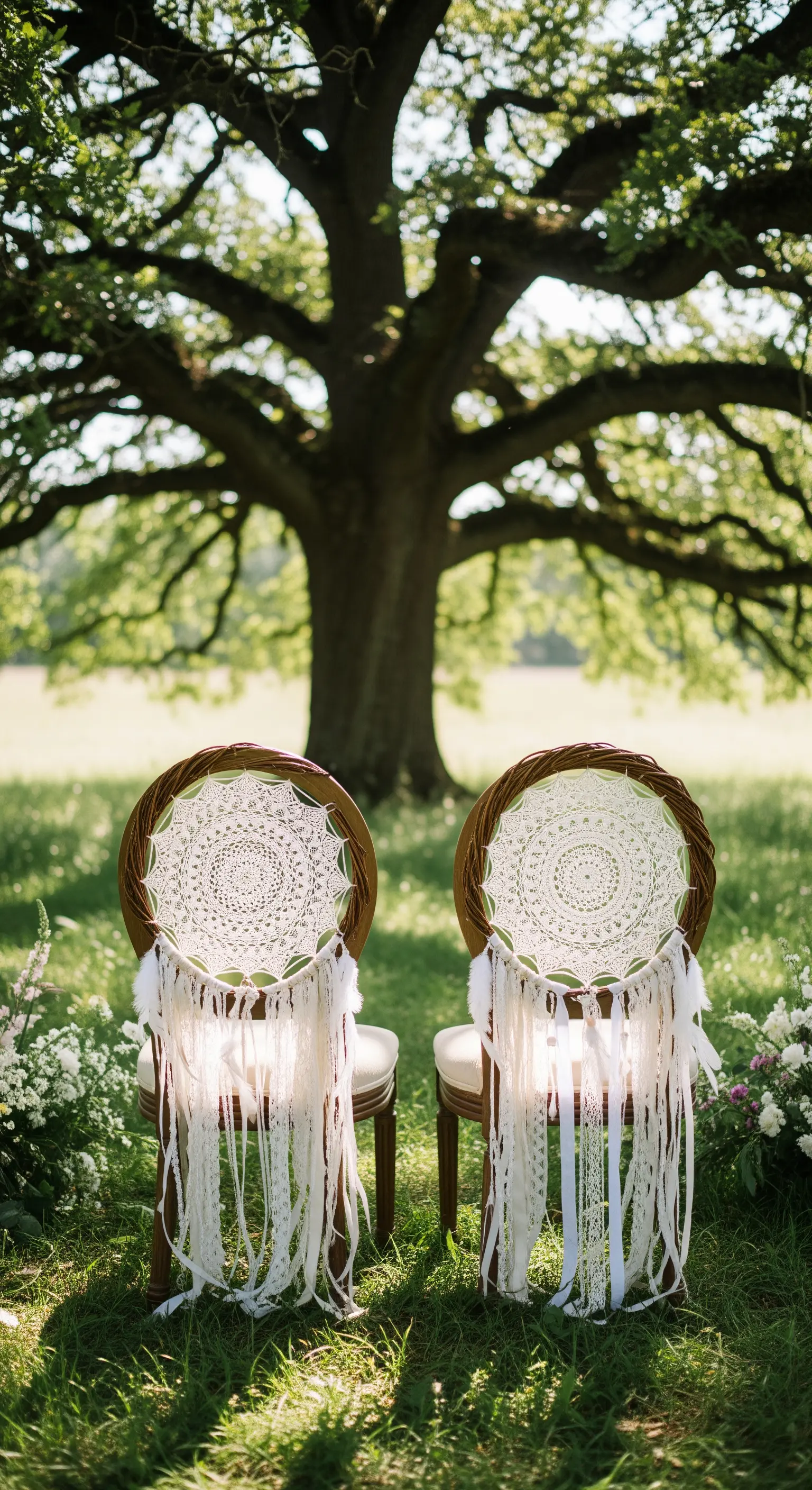 Sedie in legno sotto un grande albero, decorate con grandi acchiappasogni in macramè.