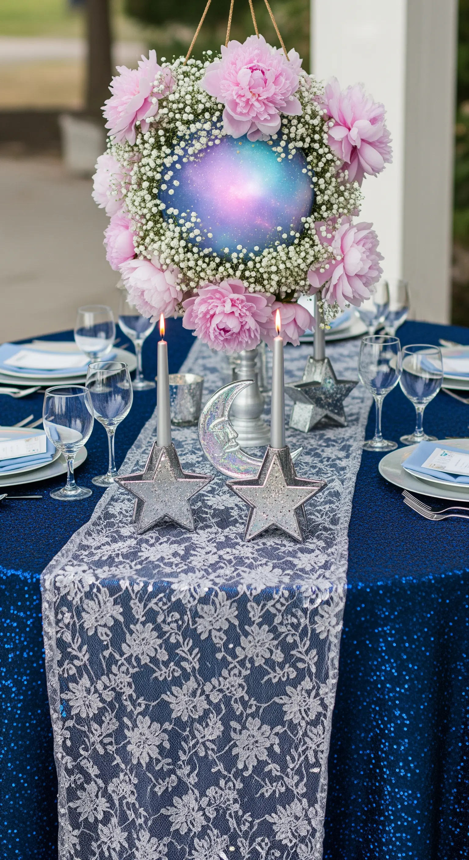 Tavola a tema celestiale con tovaglia blu, pizzo argento, stelle e un centrotavola a galassia.
