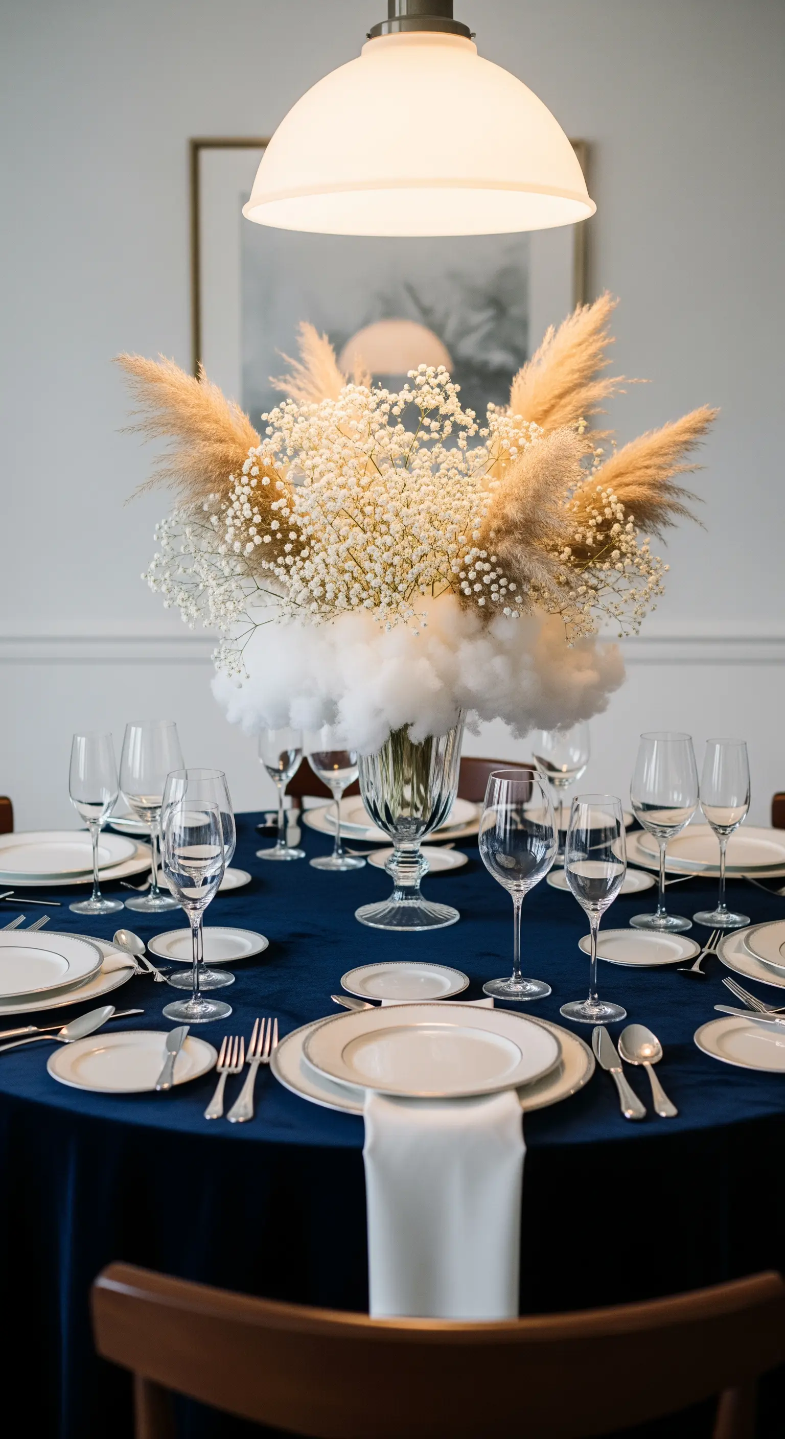 Tavola rotonda con tovaglia blu, centrotavola di pampas e nuvola di cotone.
