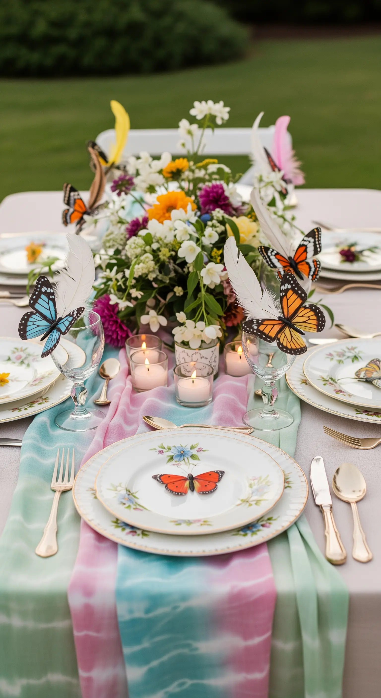 Tavola da giardino con runner pastello tie-dye e decorazioni a forma di farfalla