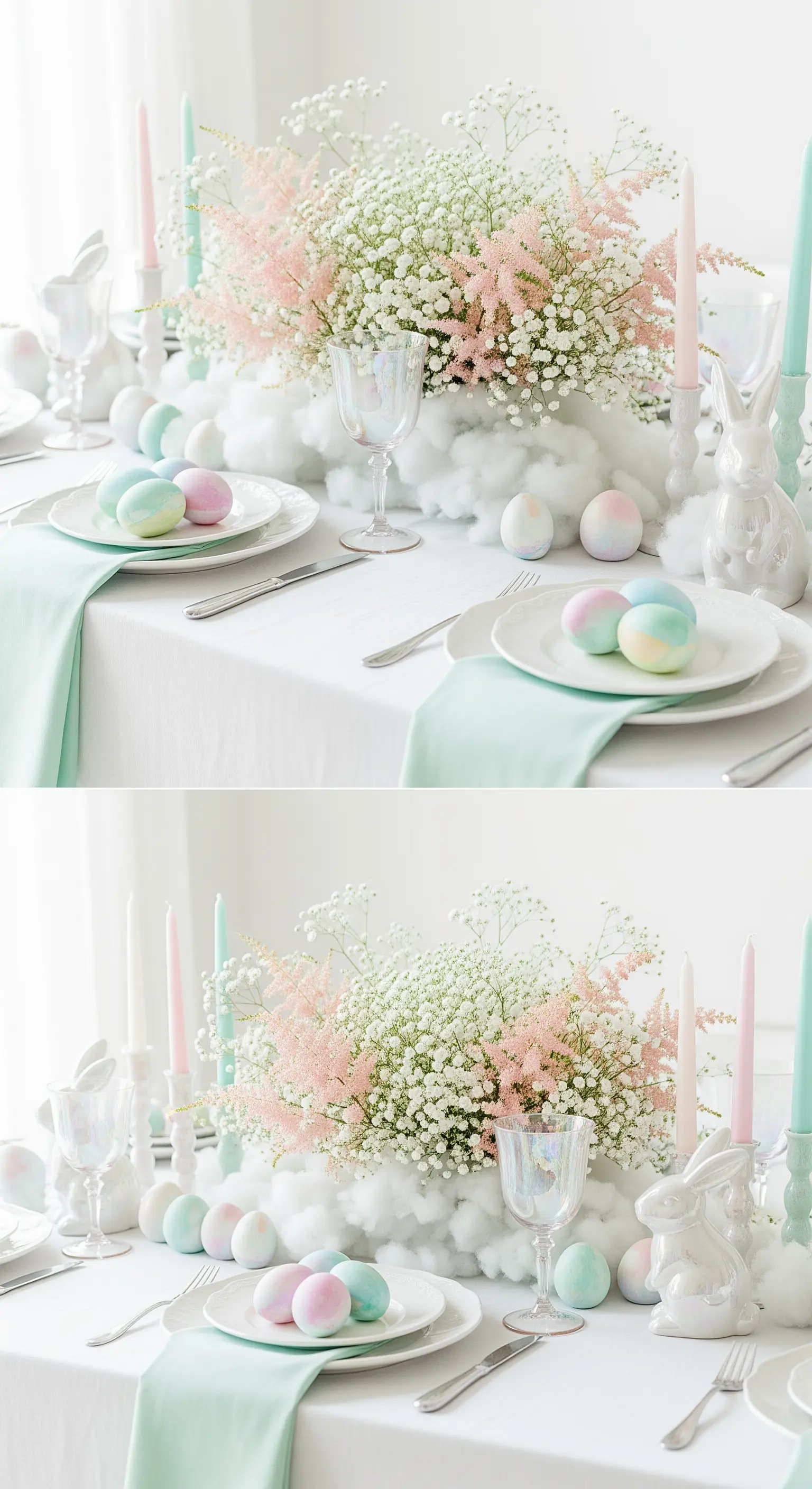 Tavola pasquale con centrotavola a forma di nuvola di cotone, fiori rosa e uova sfumate