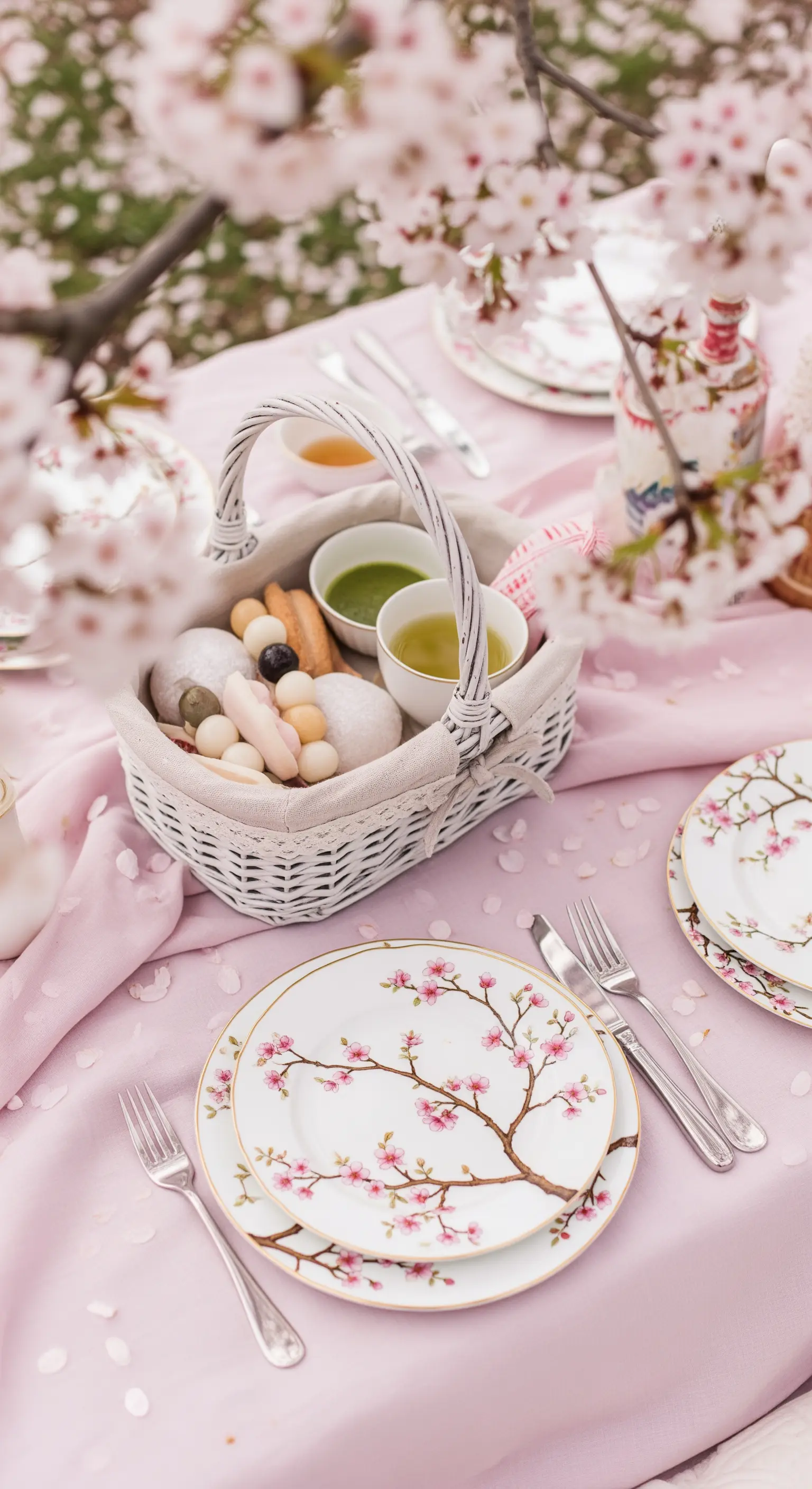 Picnic sotto i ciliegi in fiore con tovaglia rosa e piatti decorati a tema.